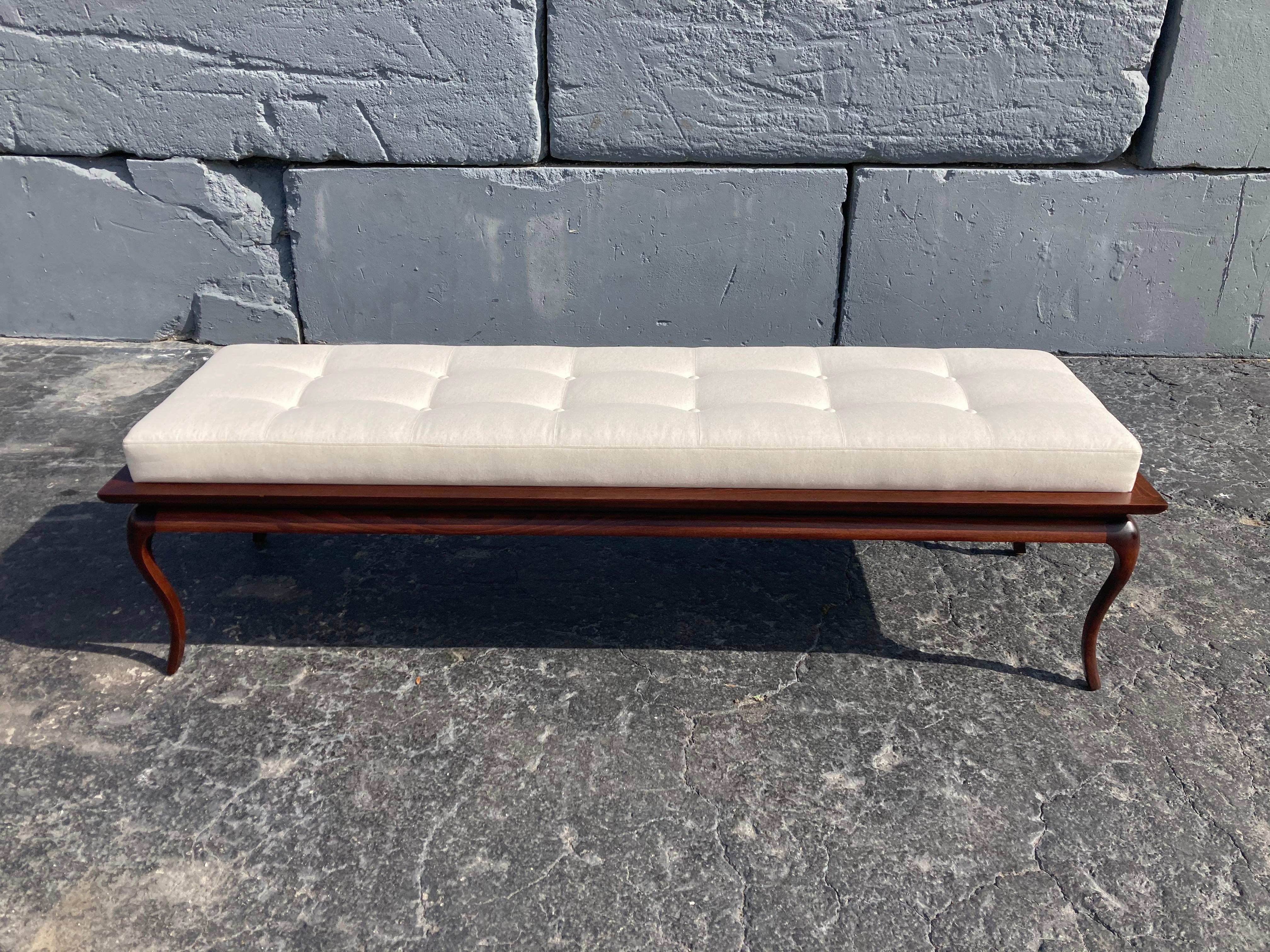 Spectacular Bench, Saber Leg, Fabric, Brown, in the style of Gibbings, 1950s For Sale 5