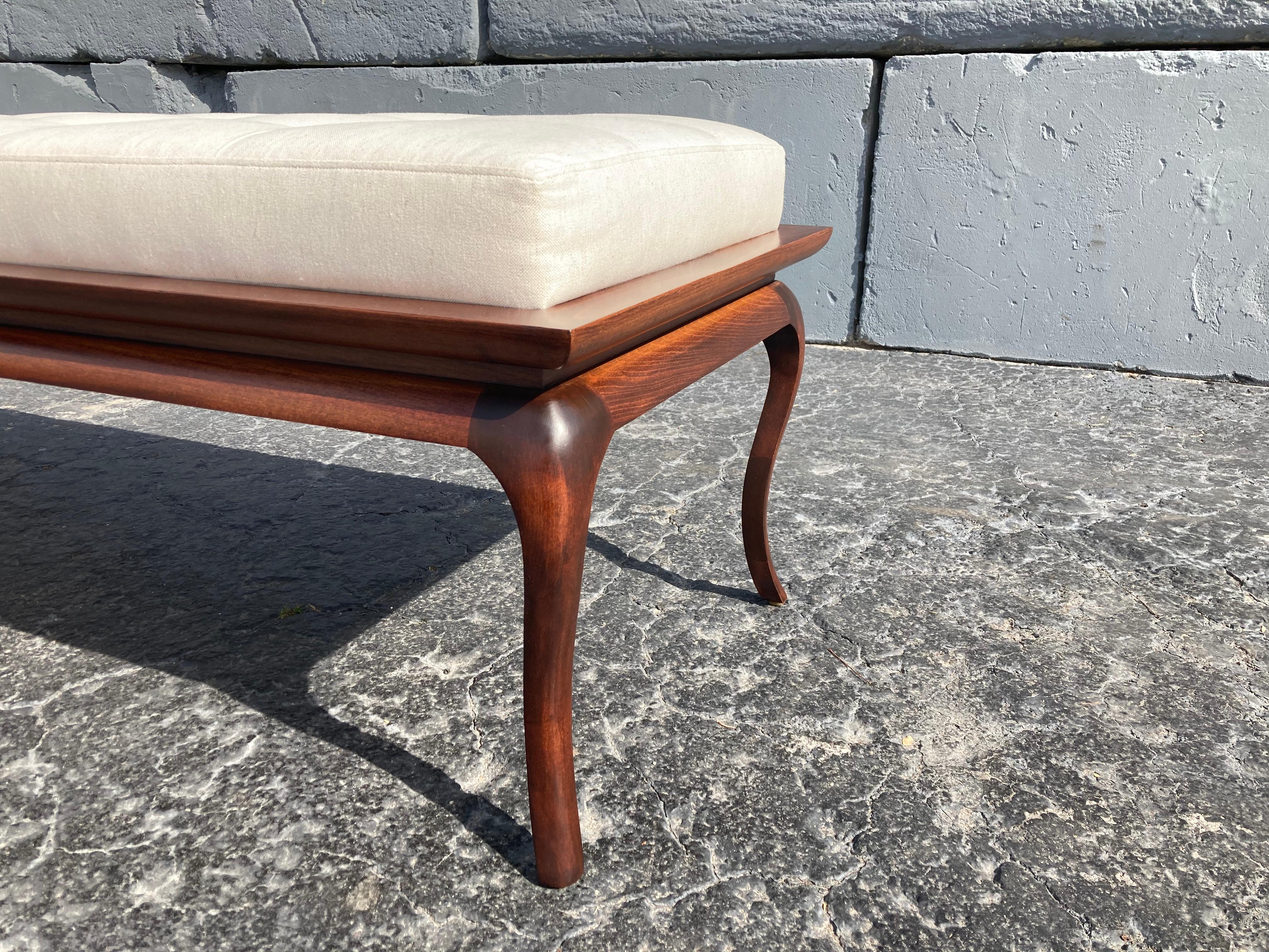 Spectacular Bench, Saber Leg, Fabric, Brown, in the style of Gibbings, 1950s For Sale 9
