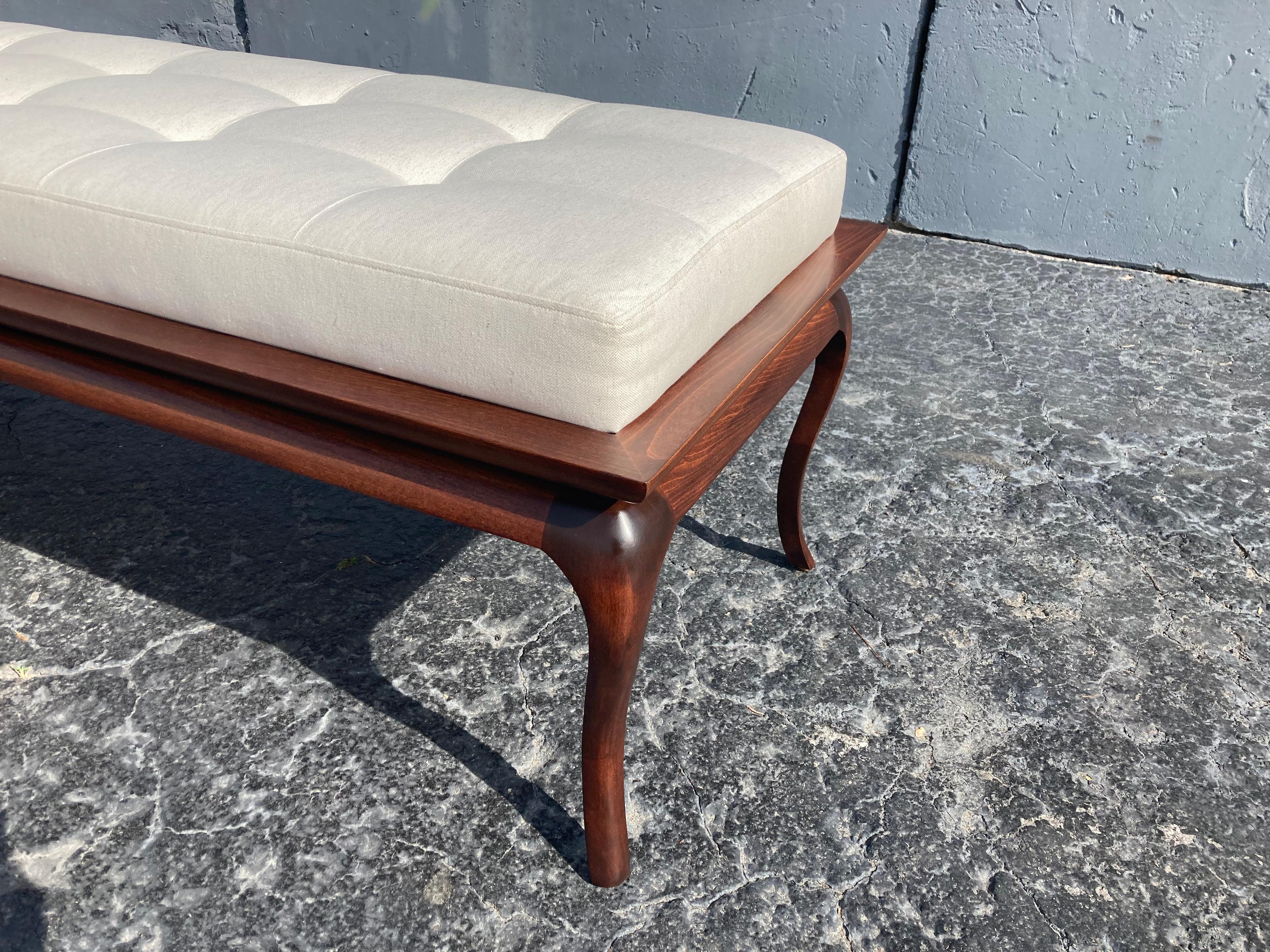 Spectacular Bench, Saber Leg, Fabric, Brown, in the style of Gibbings, 1950s For Sale 12