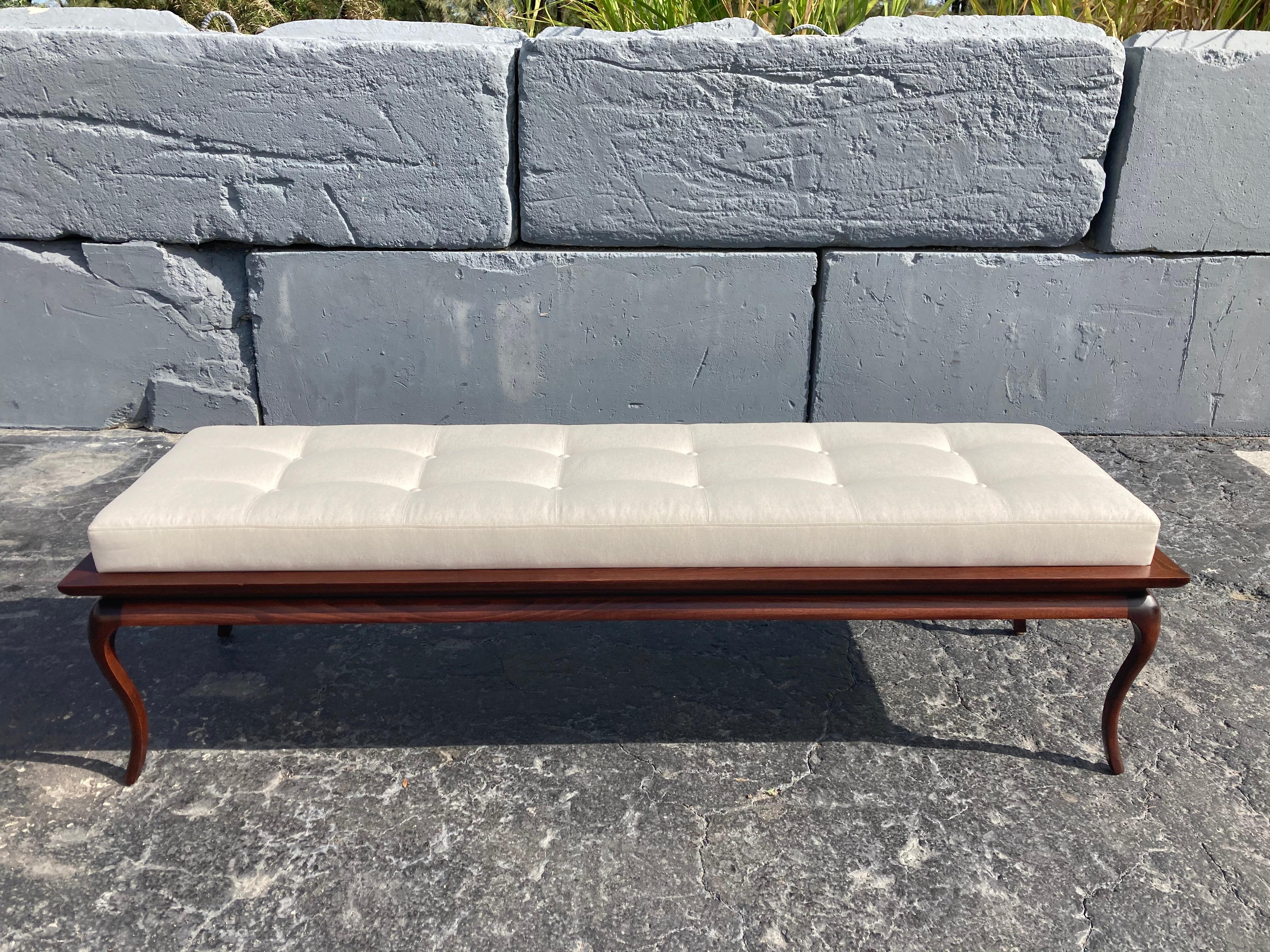 Spectacular Bench, Saber Leg, Fabric, Brown, in the style of Gibbings, 1950s For Sale 13