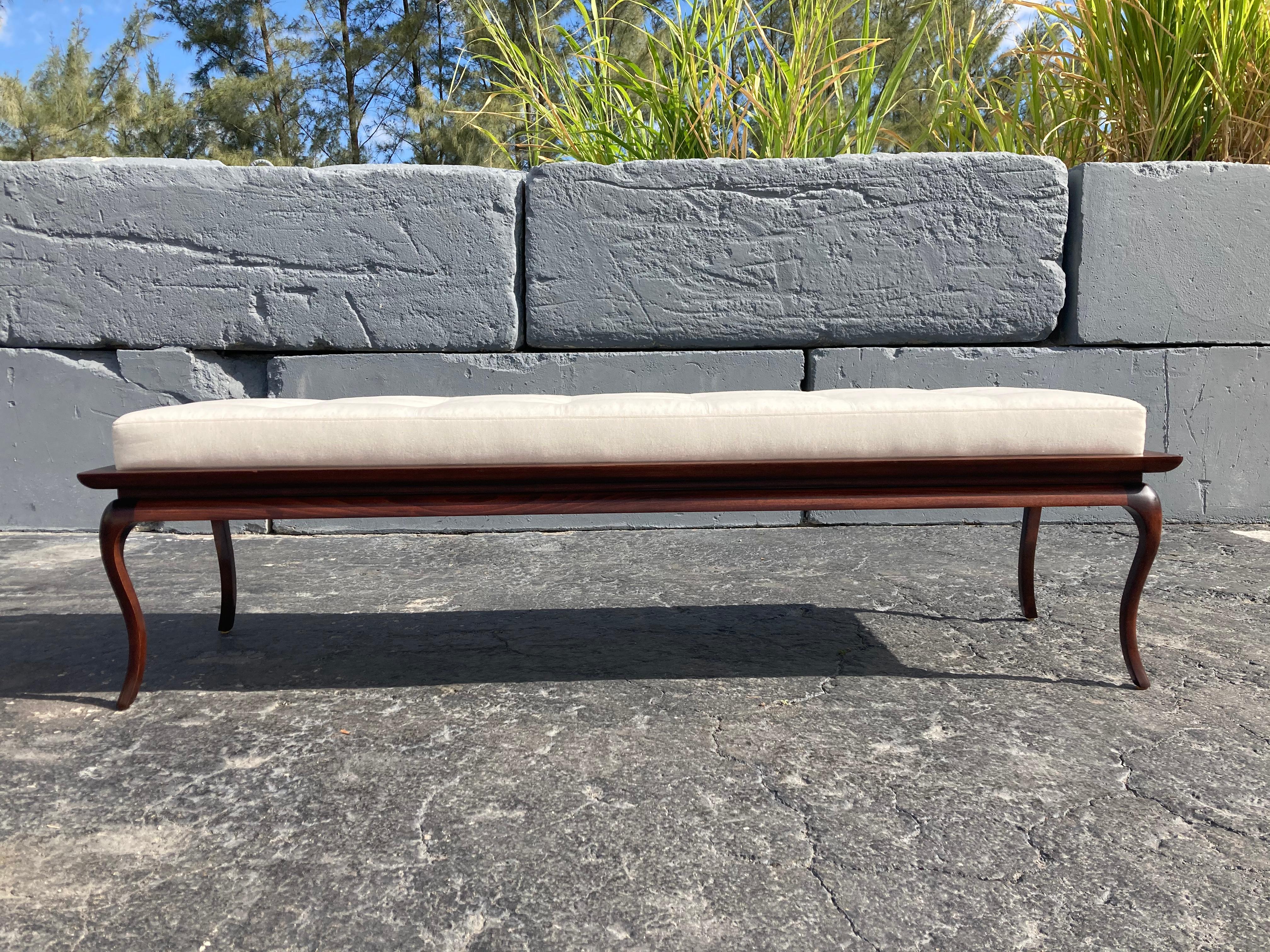 Spectacular Bench, Saber Leg, Fabric, Brown, in the style of Gibbings, 1950s For Sale 14