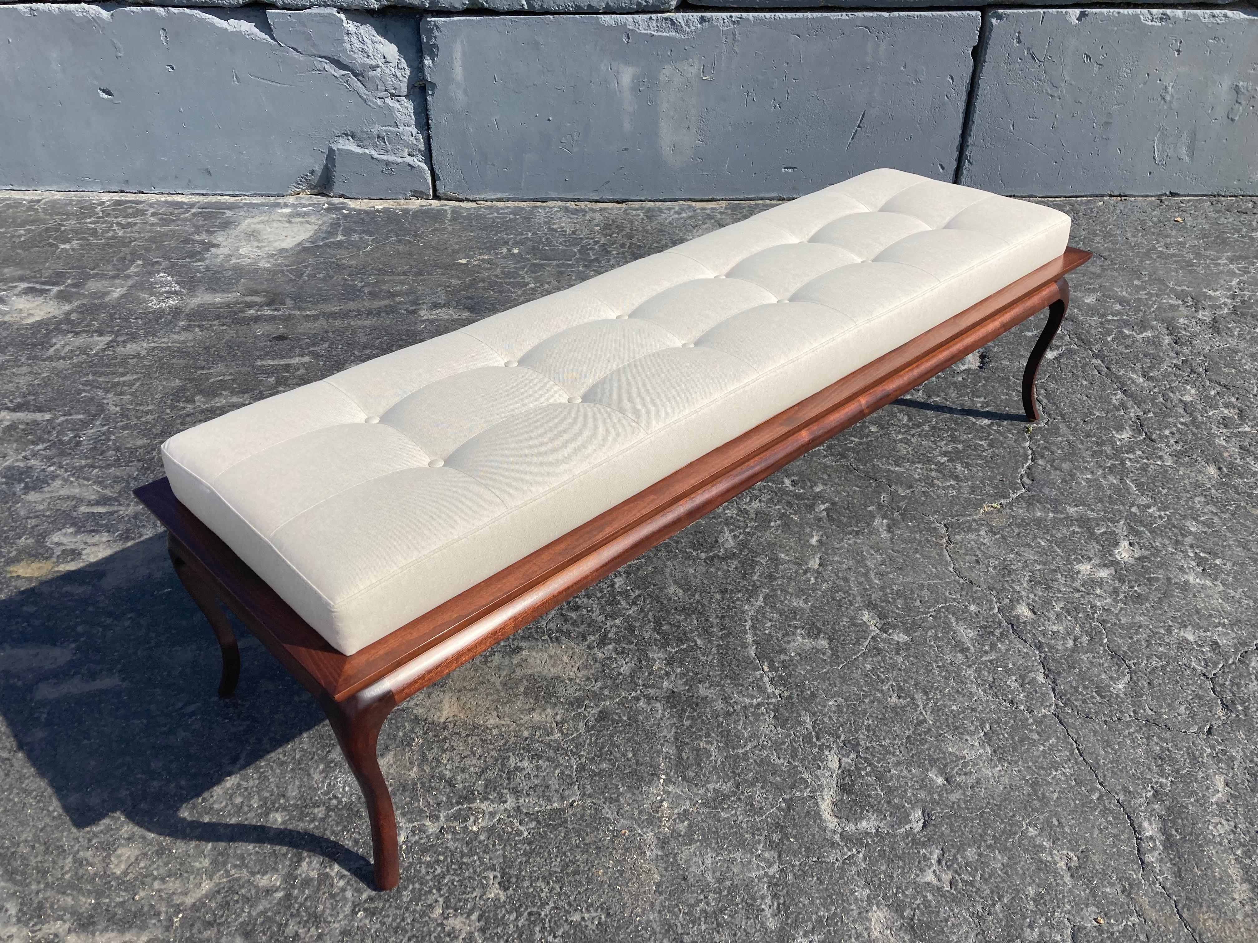Mid-Century Modern Spectacular Bench, Saber Leg, Fabric, Brown, in the style of Gibbings, 1950s For Sale
