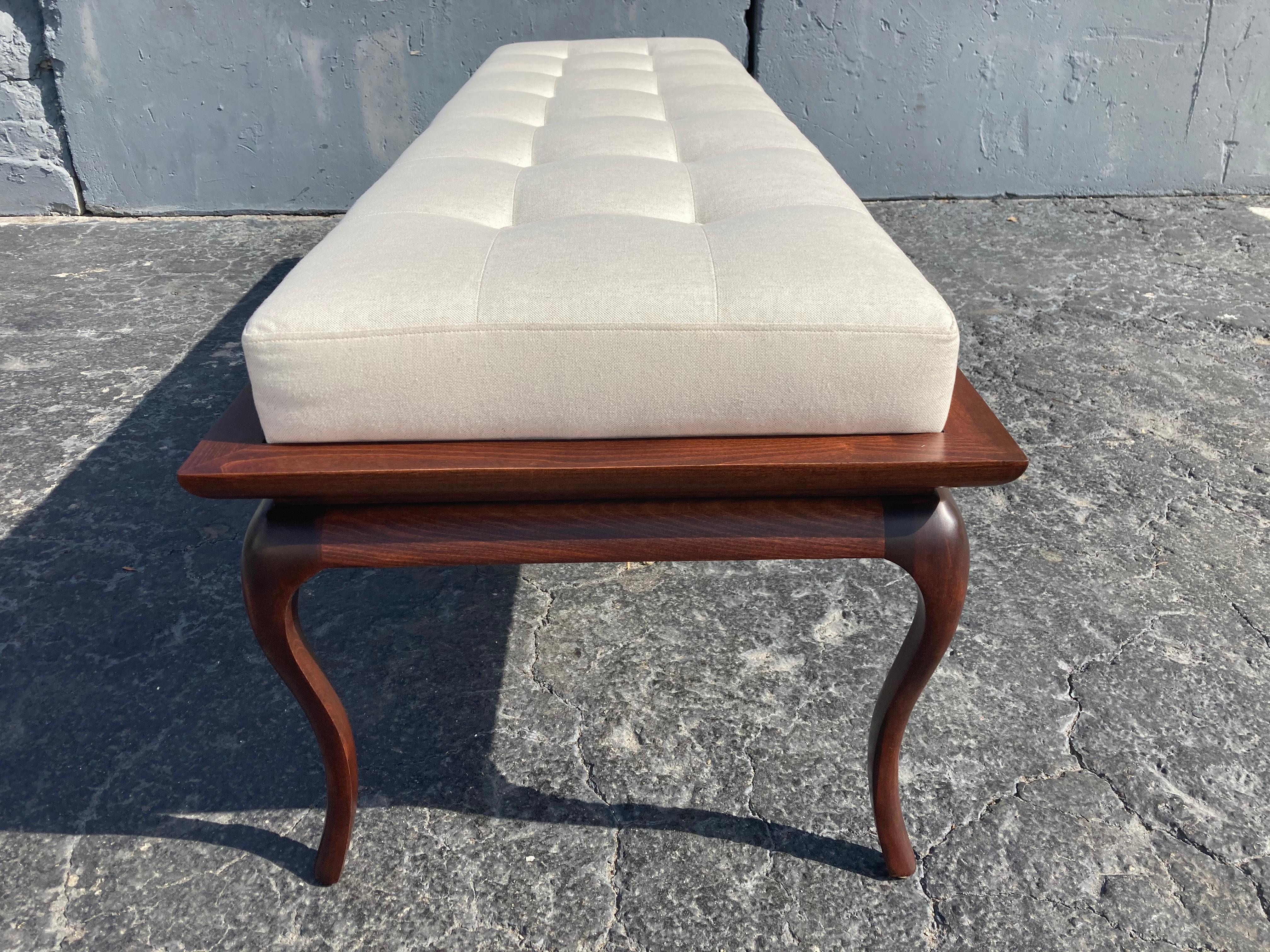 American Spectacular Bench, Saber Leg, Fabric, Brown, in the style of Gibbings, 1950s For Sale