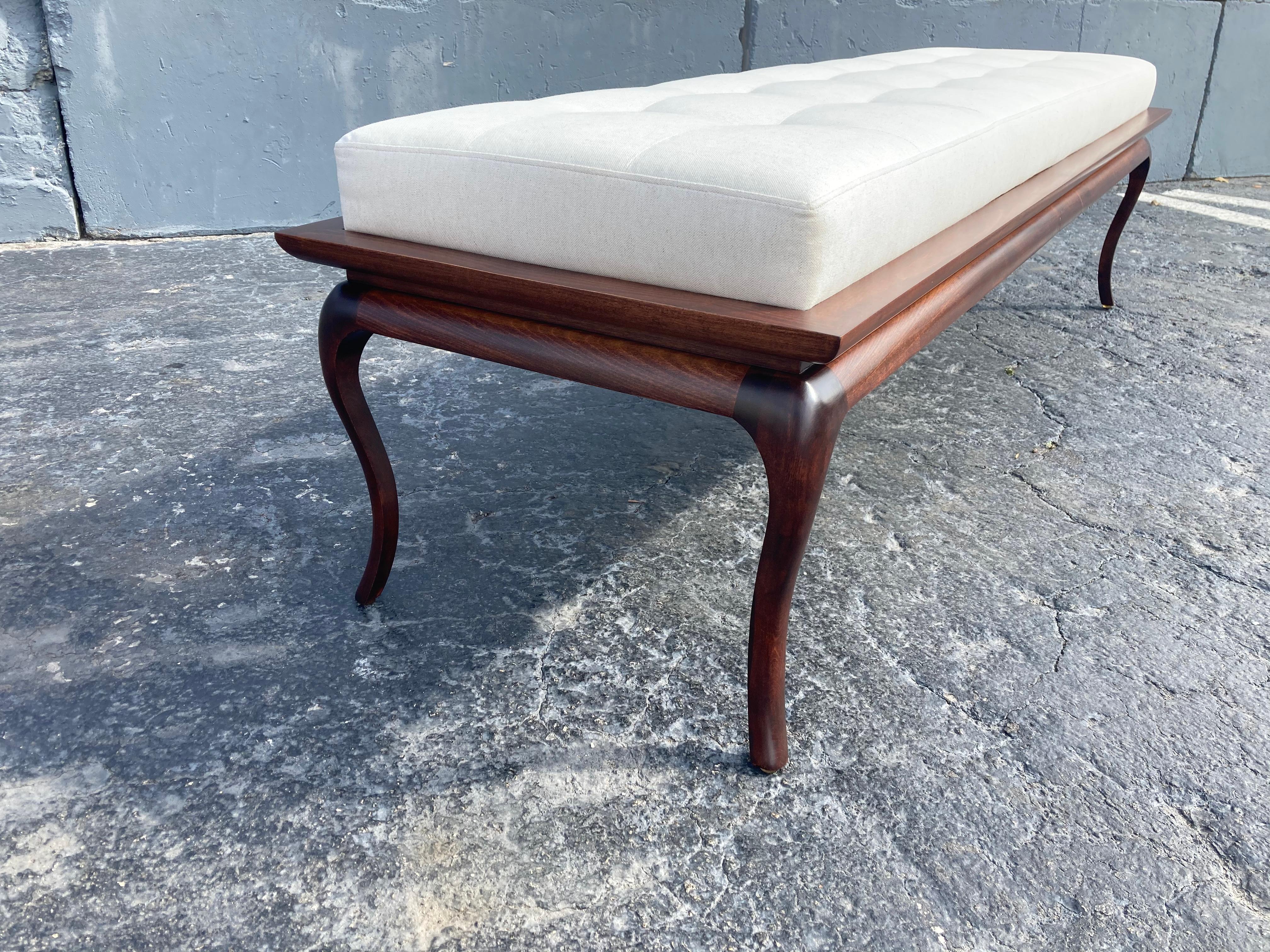 Mid-20th Century Spectacular Bench, Saber Leg, Fabric, Brown, in the style of Gibbings, 1950s For Sale