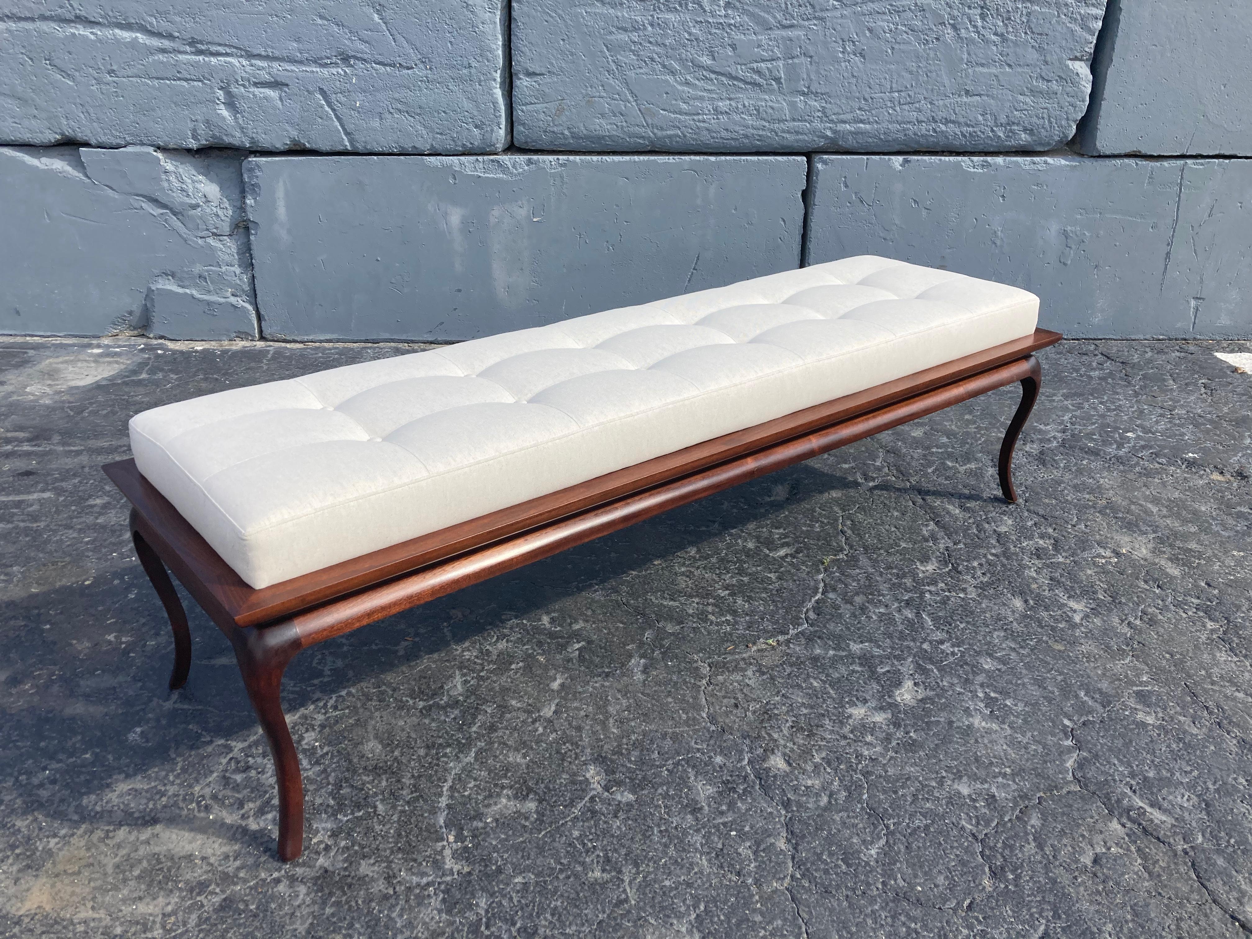 Spectacular Bench, Saber Leg, Fabric, Brown, in the style of Gibbings, 1950s For Sale 1