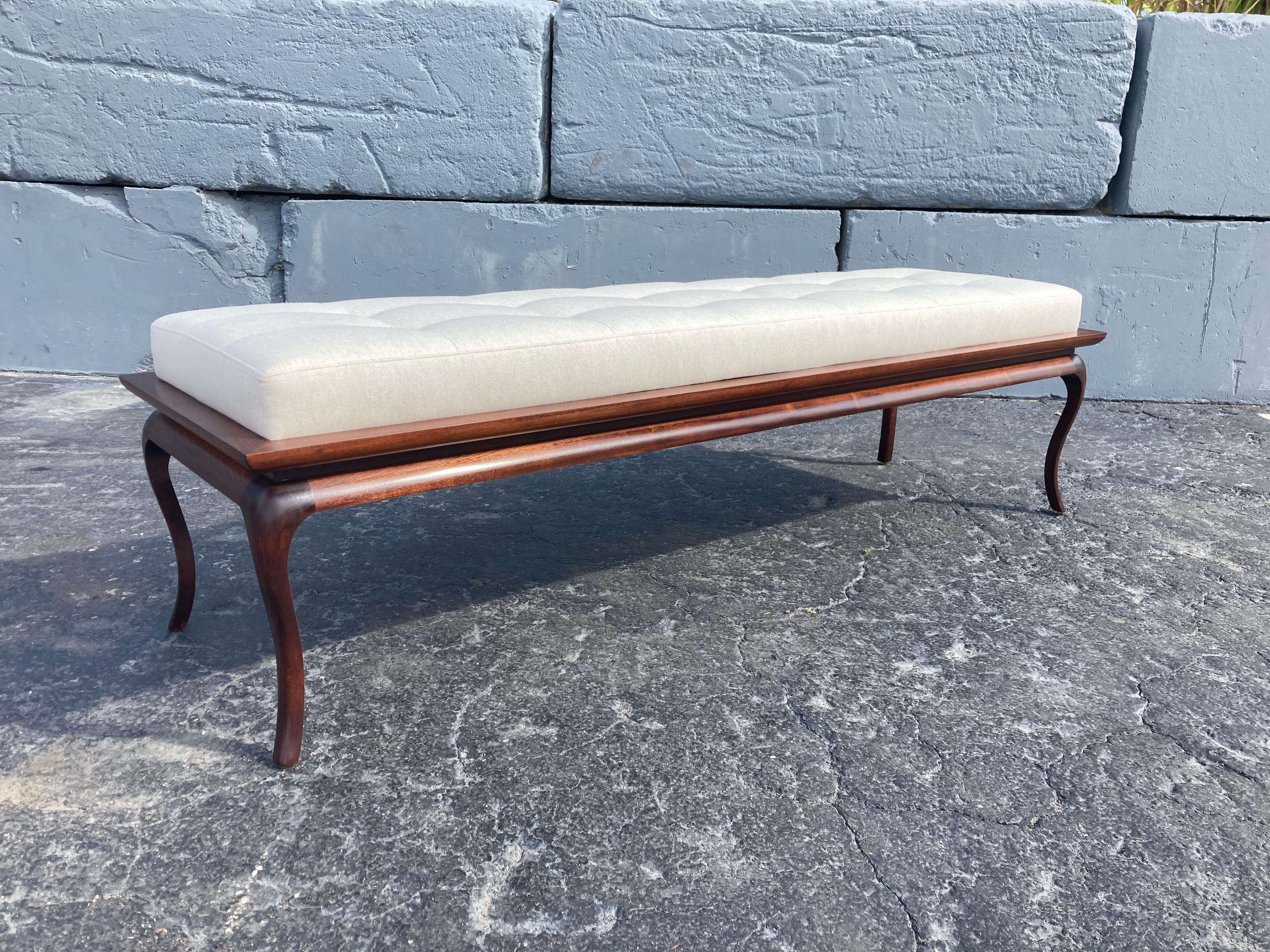 Spectacular Bench, Saber Leg, Fabric, Brown, in the style of Gibbings, 1950s For Sale 2