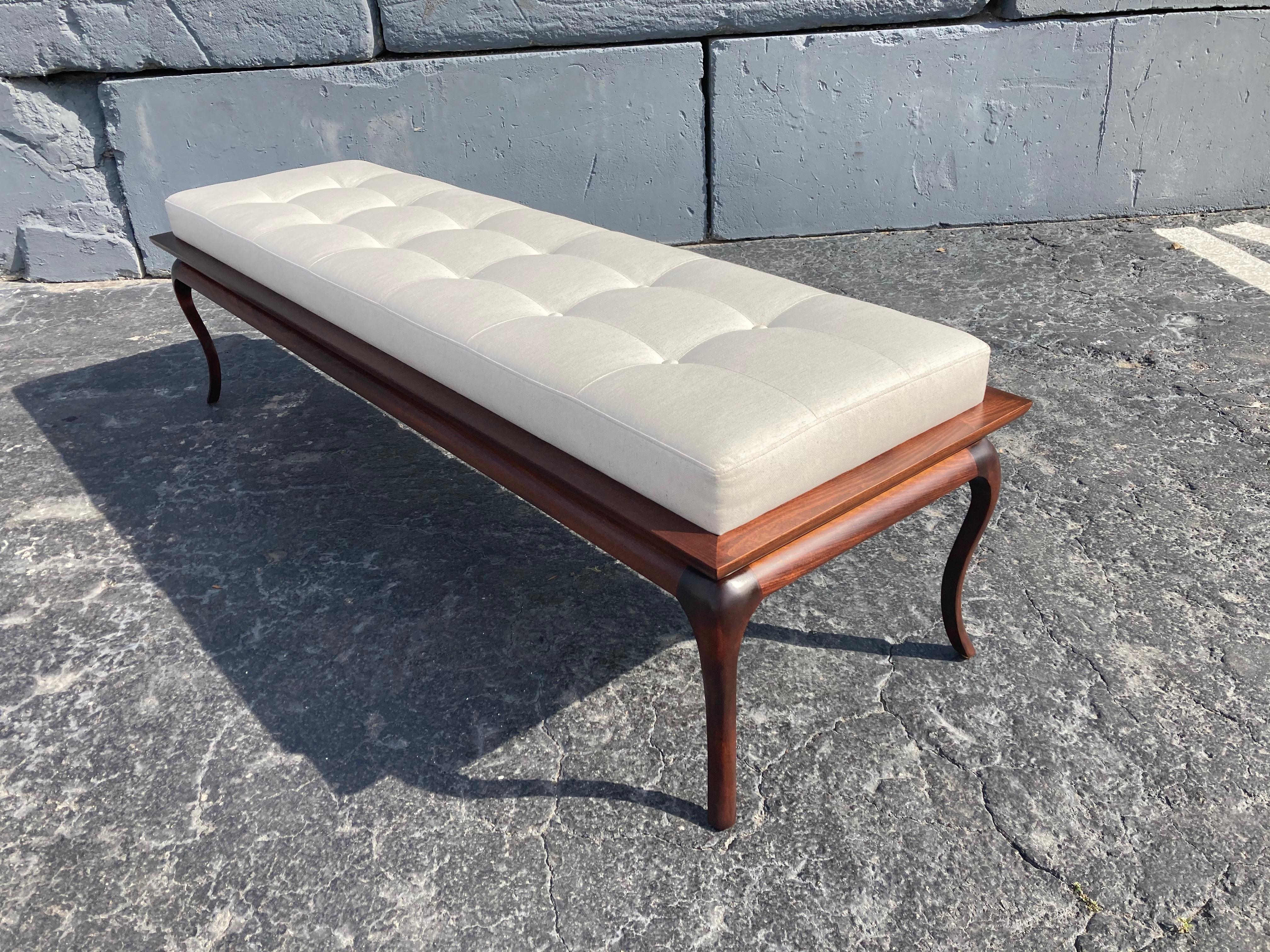 Spectacular Bench, Saber Leg, Fabric, Brown, in the style of Gibbings, 1950s For Sale 3