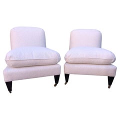 Spectacular Boucle Upholstered Pair of George Smith Slipper Ottoman Chairs