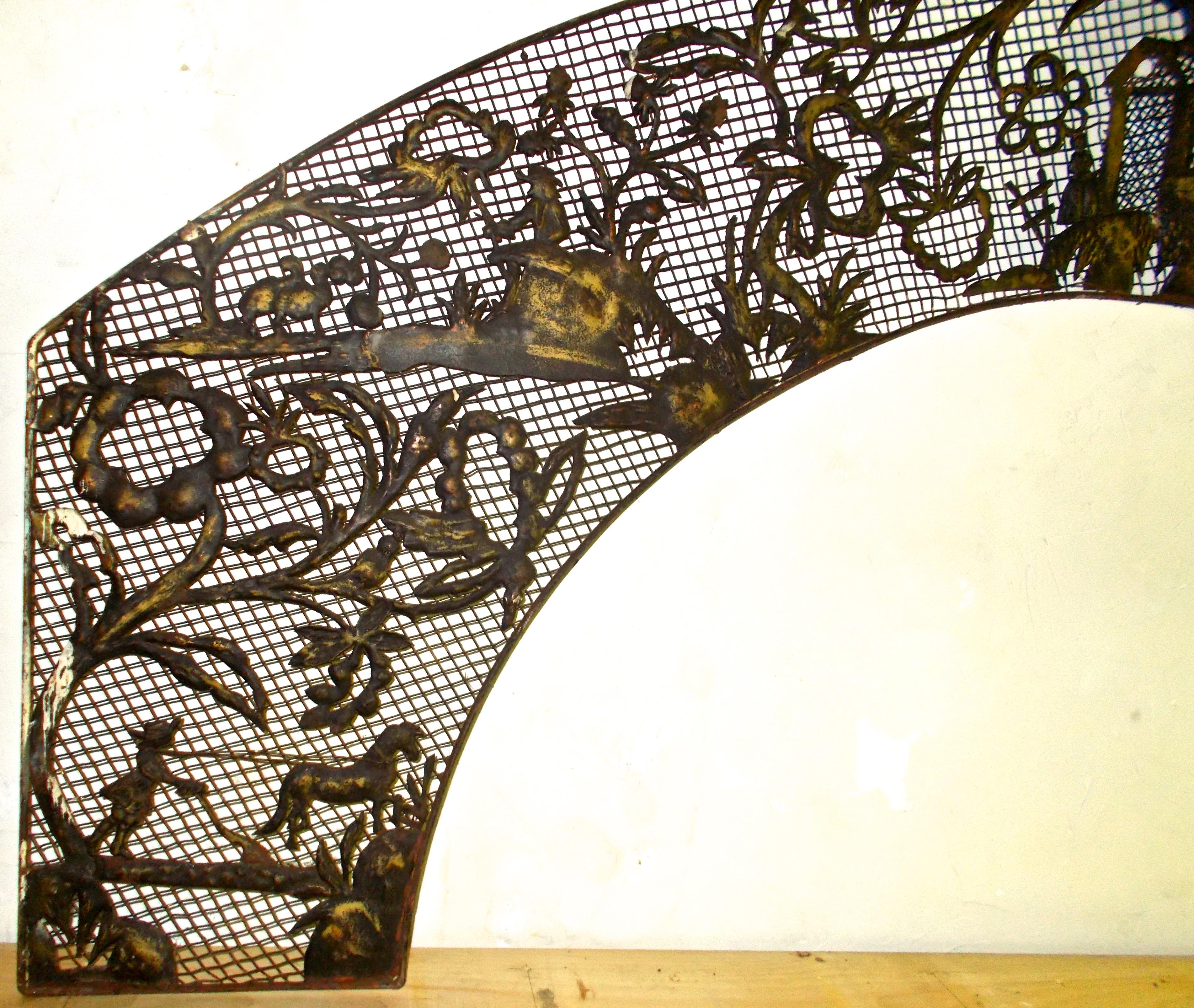 This unusual and large trellis archway, was purchased from an estate on the south eastern shore of Connecticut.  Hand-cut metal with some brass finish. 'Diorama' with vignettes of Colonial American Industries.  Reminiscent of the stylistic devices