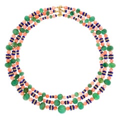 Spectacular Carved Emerald Coral Lapis and Diamond Necklace