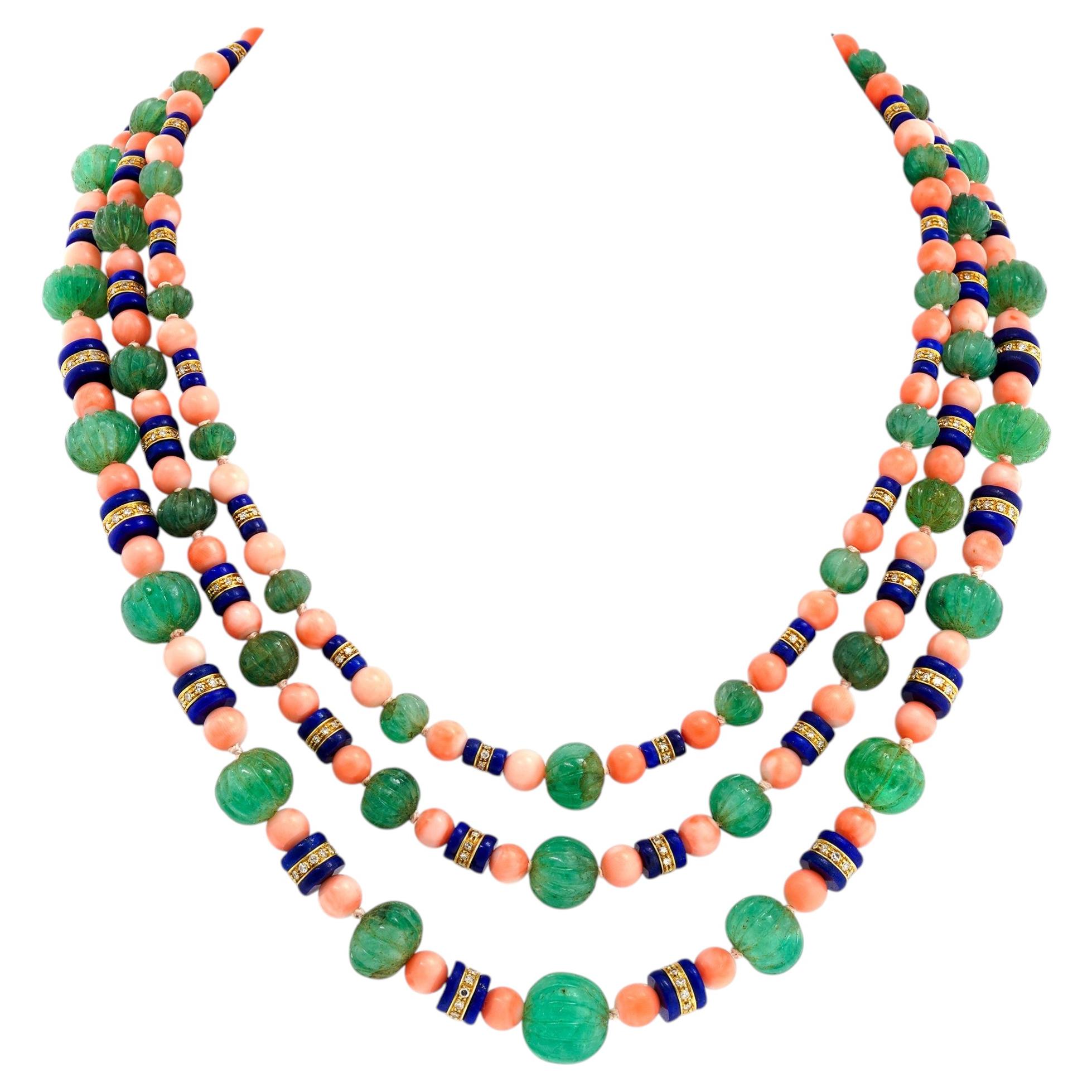 Espectacular Collar Esmeralda Tallada Coral Lapis y Diamantes