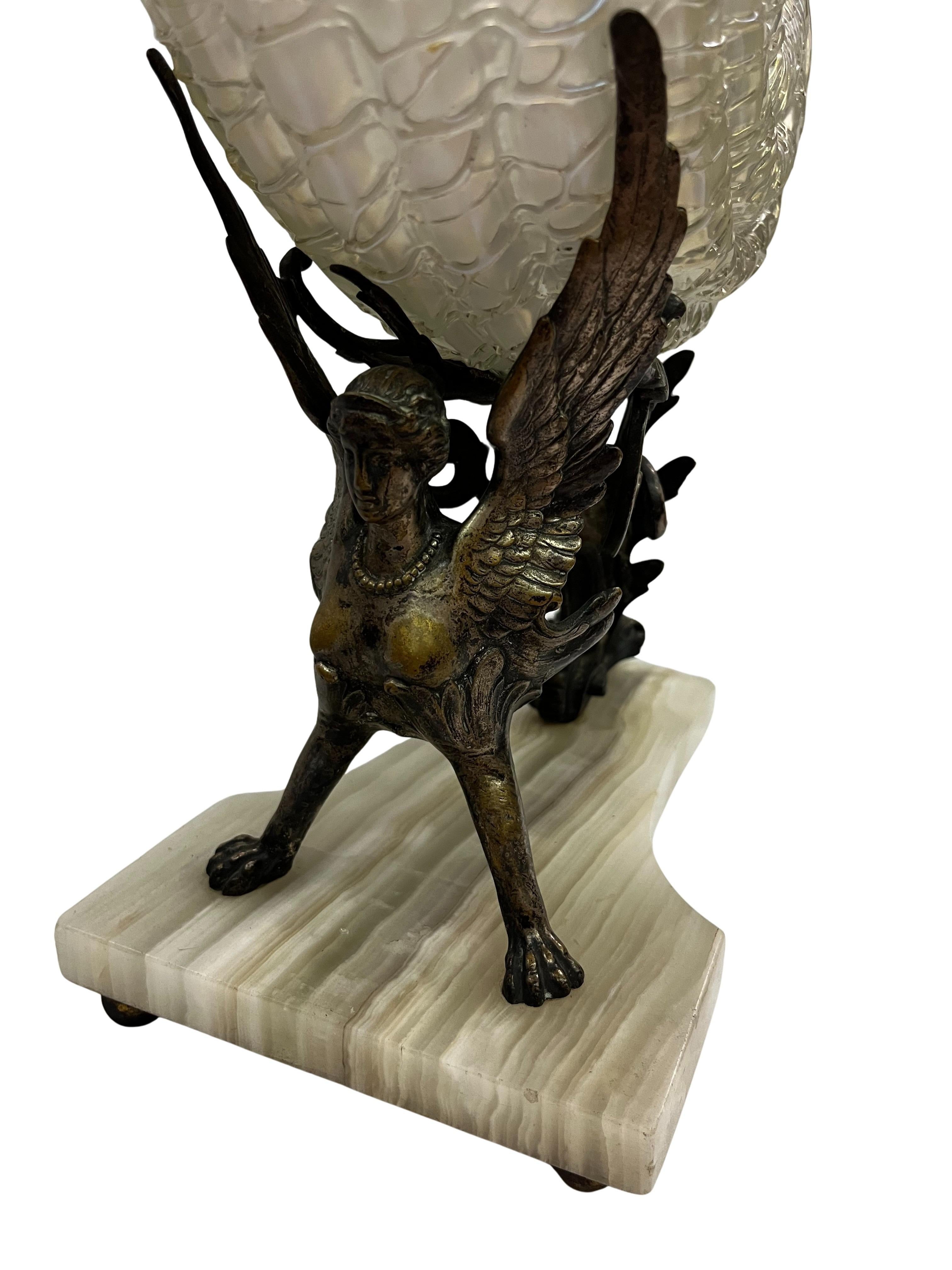 Spectacular centerpiece, bronze sphinx, Kralik opalescent glass, Vienna 1900 For Sale 2