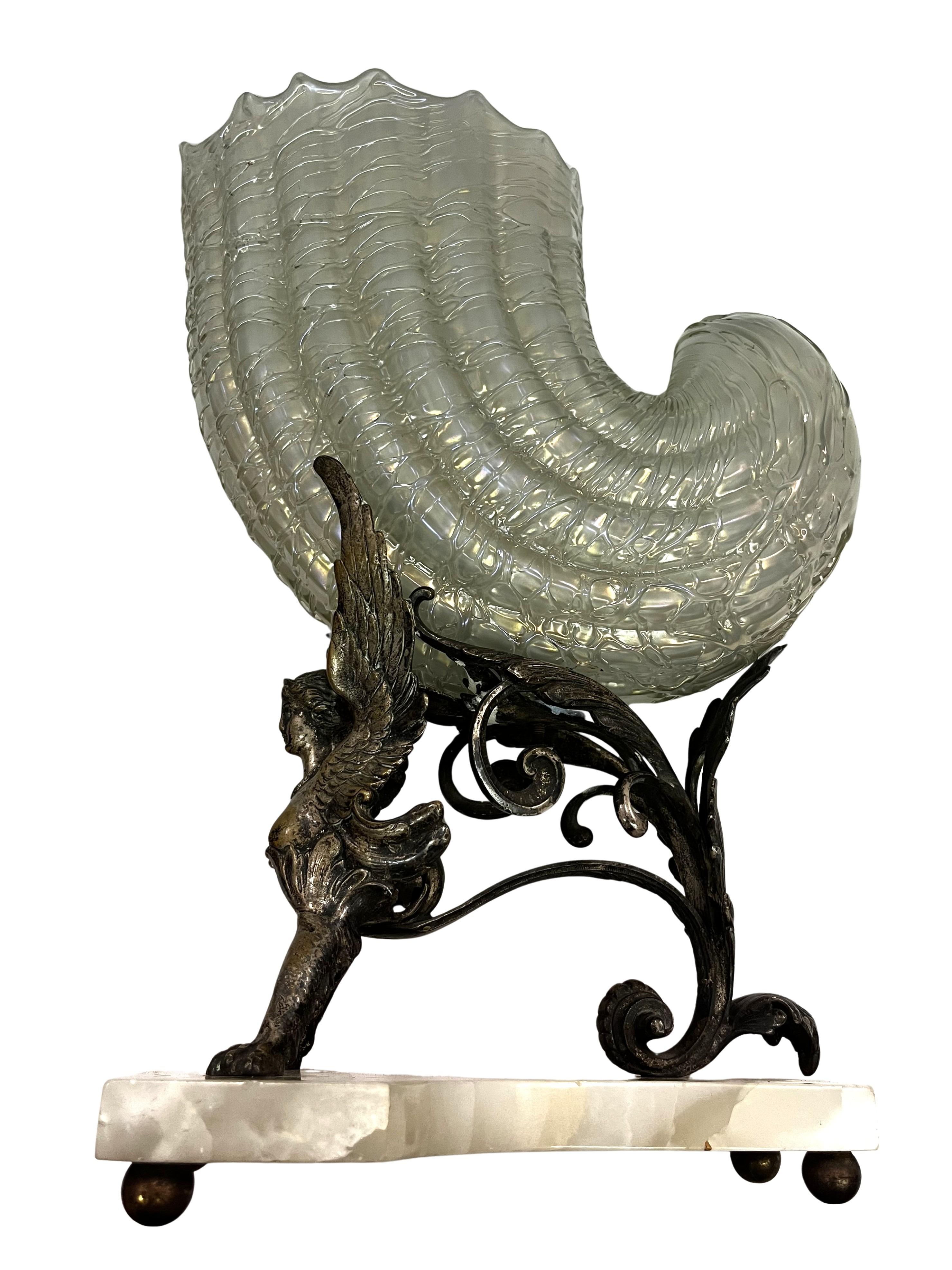 Art Nouveau Spectacular centerpiece, bronze sphinx, Kralik opalescent glass, Vienna 1900 For Sale