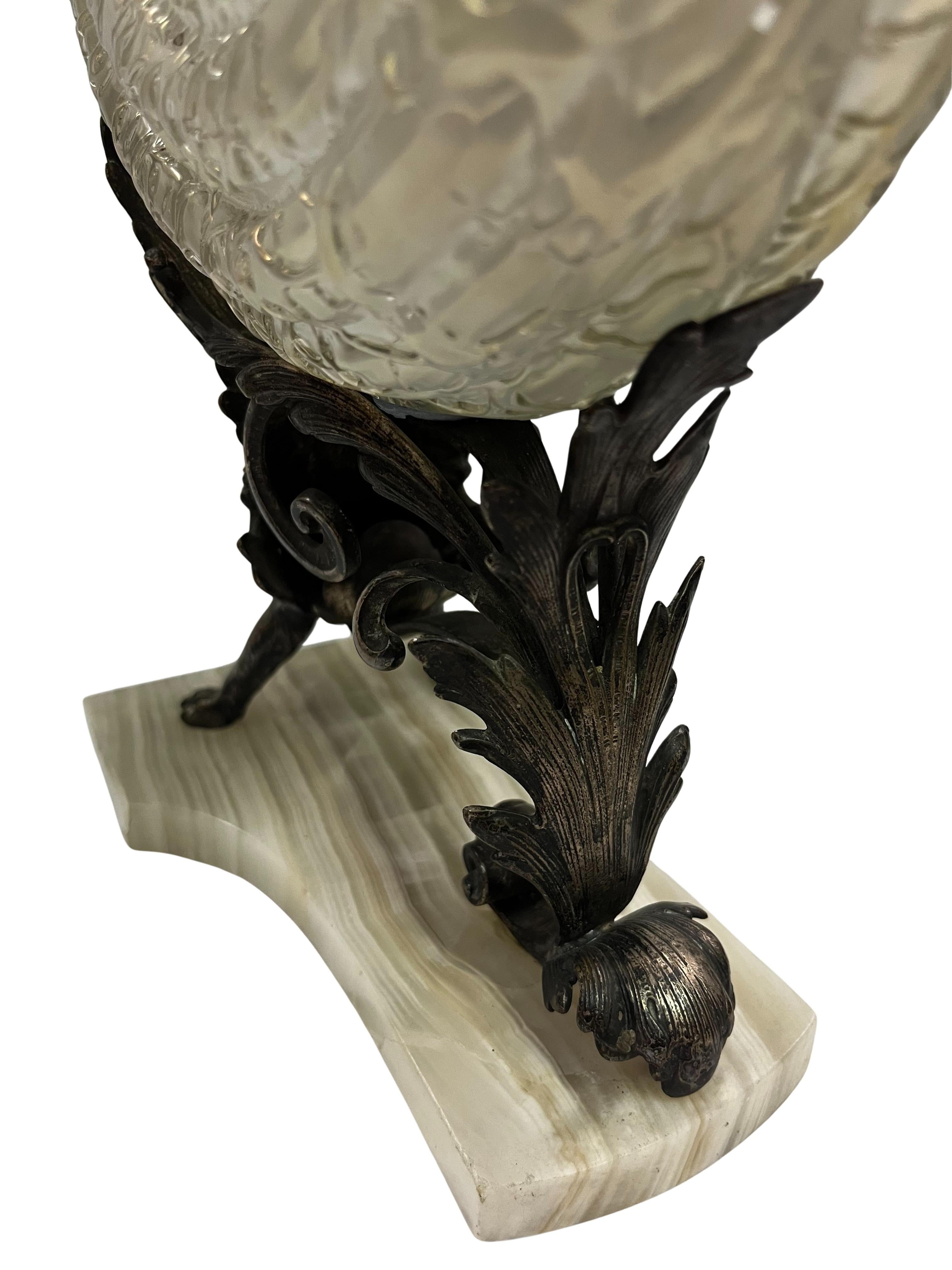 Hand-Crafted Spectacular centerpiece, bronze sphinx, Kralik opalescent glass, Vienna 1900 For Sale