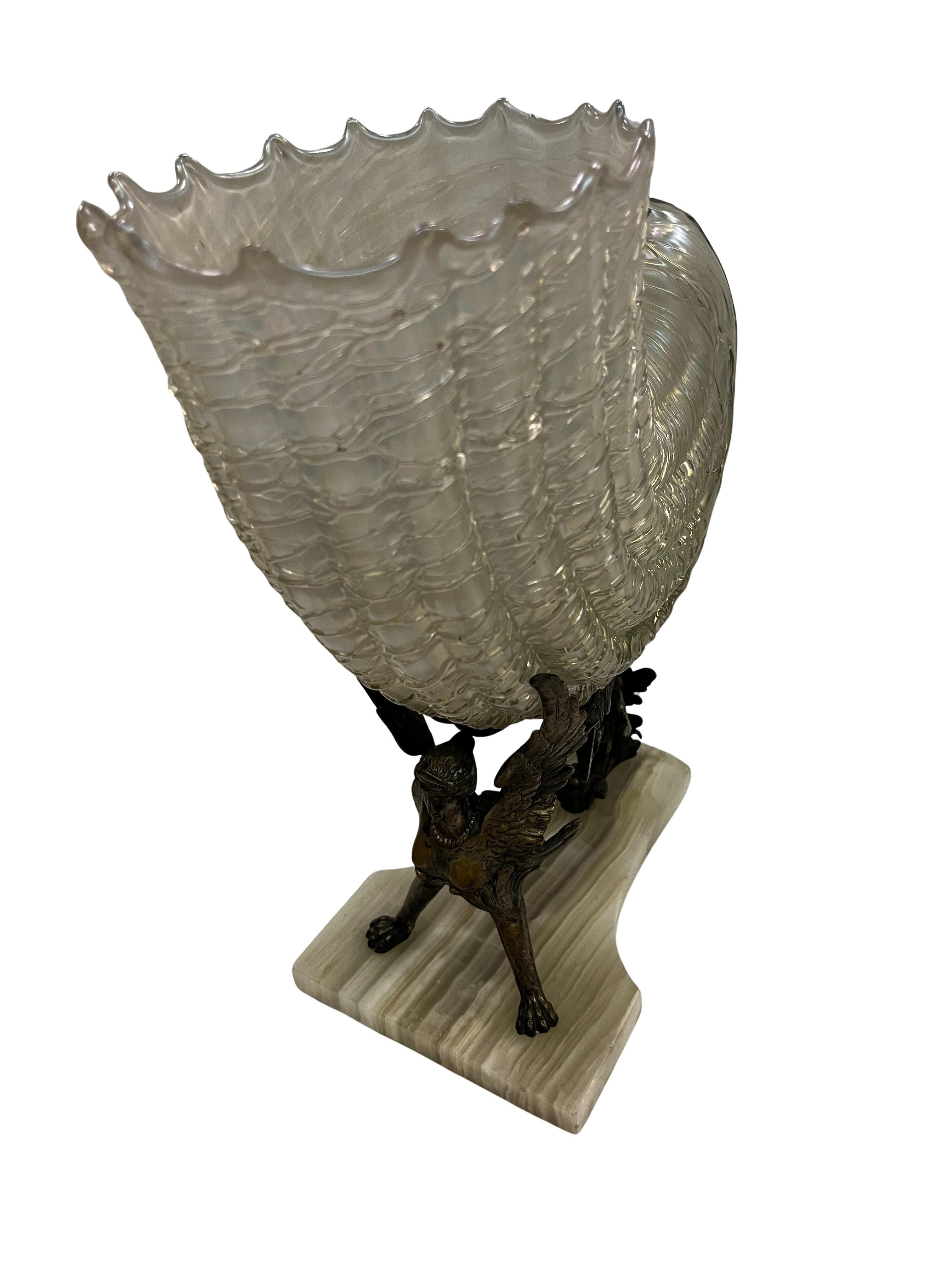 Early 20th Century Spectacular centerpiece, bronze sphinx, Kralik opalescent glass, Vienna 1900 For Sale