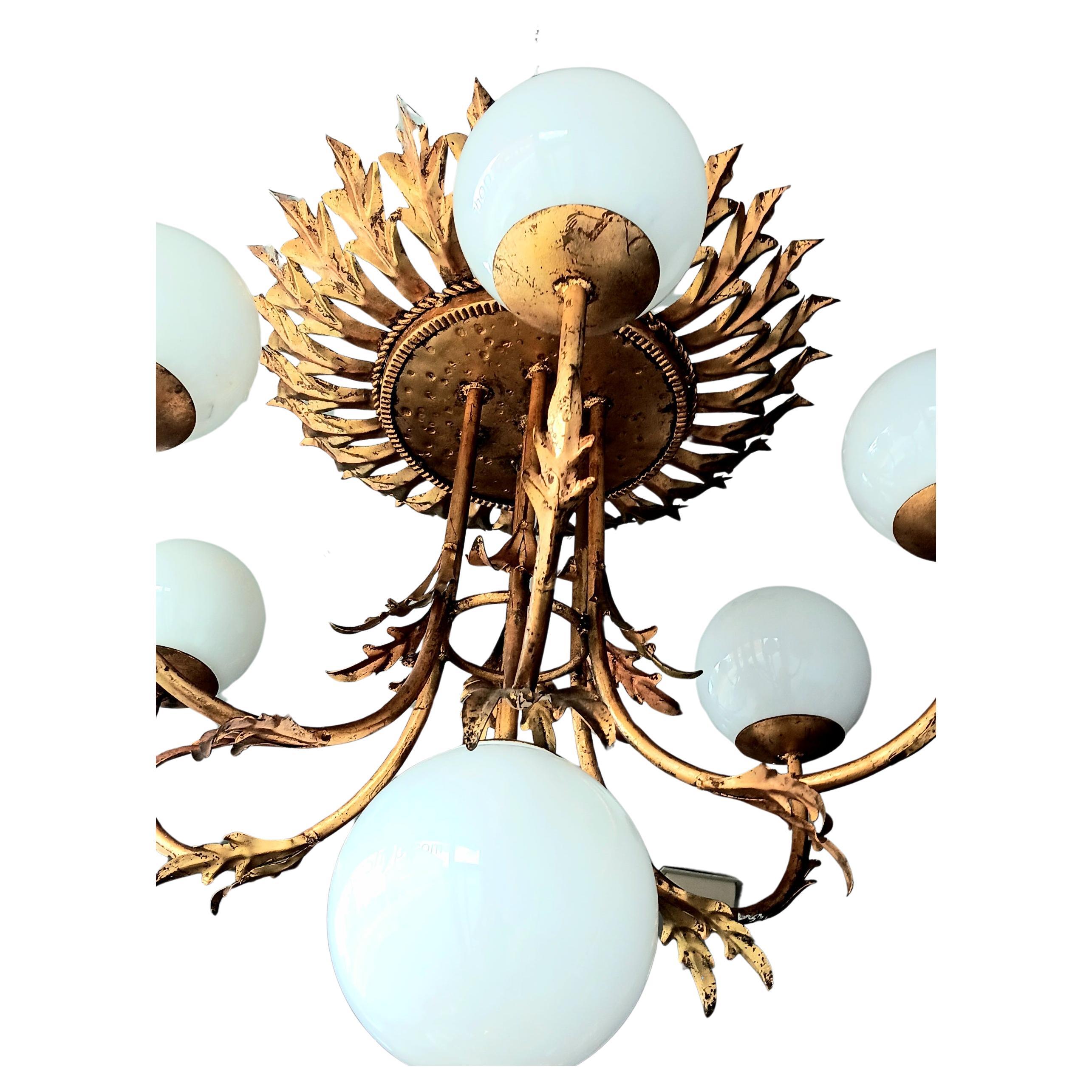 Spanish Sunburst Foliage Floral Ceiling Light / Chandelier Large Size, Rare Spectacular For Sale