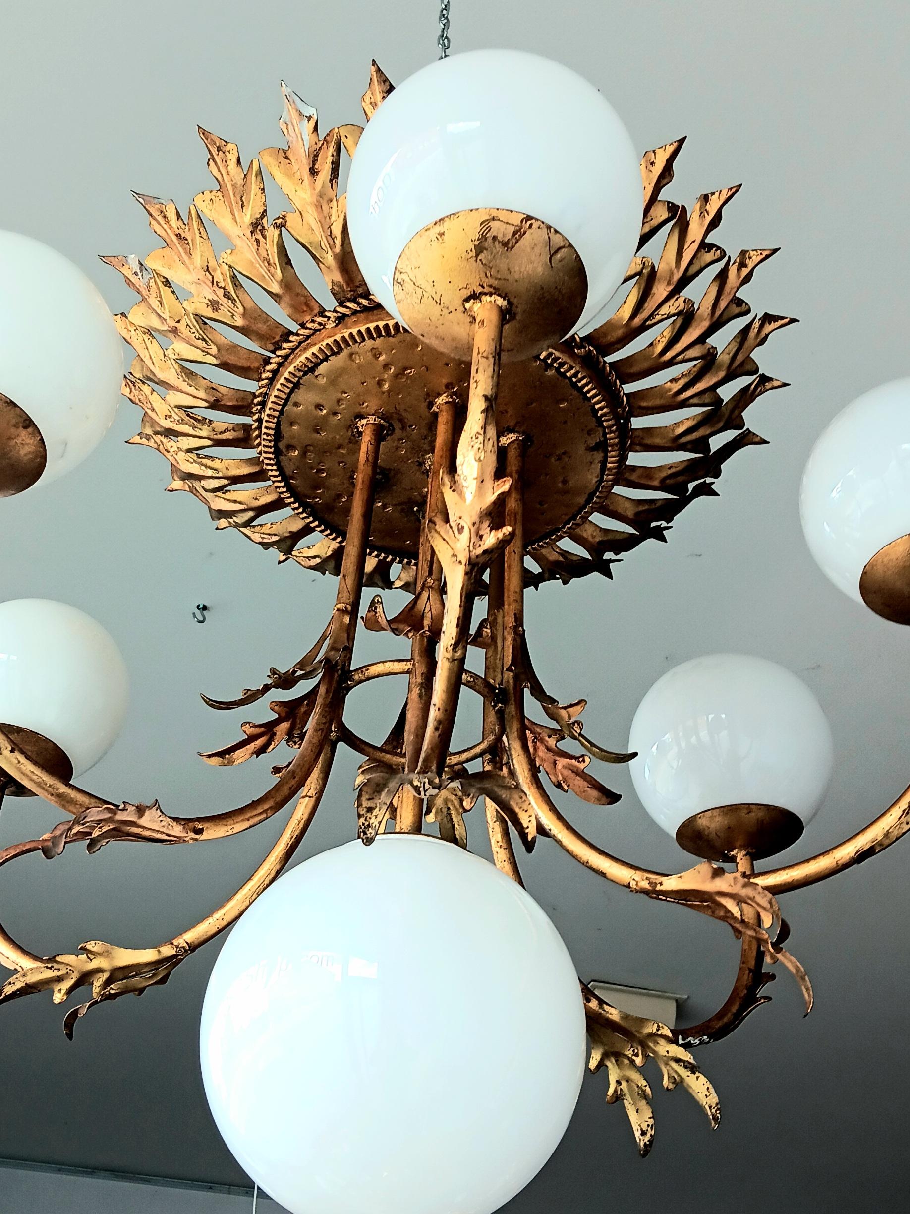 Iron Sunburst Foliage Floral Ceiling Light / Chandelier Large Size, Rare Spectacular For Sale