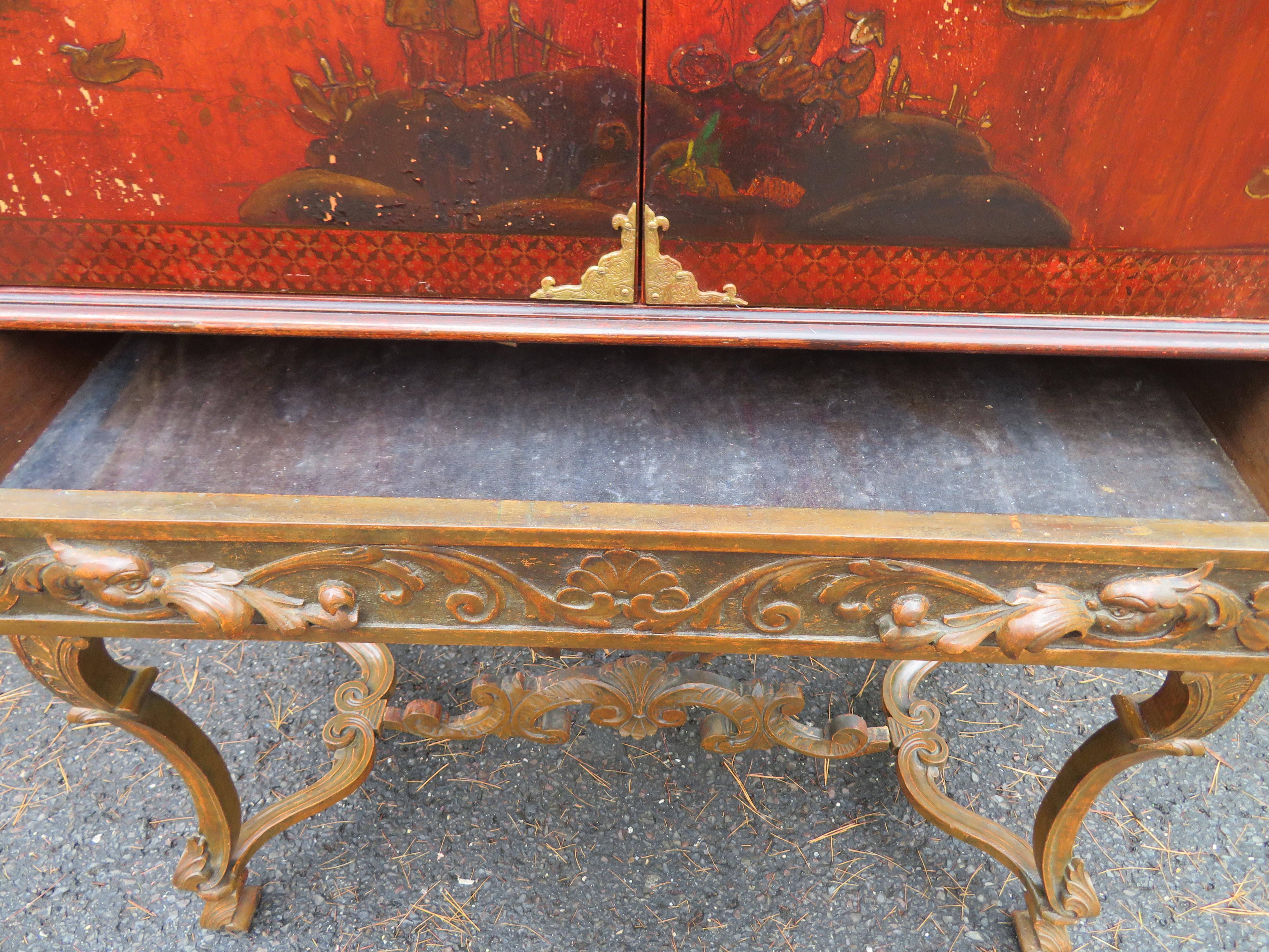 Hand-Painted Spectacular Chinoiserie Asian Tall Linen Cabinet For Sale