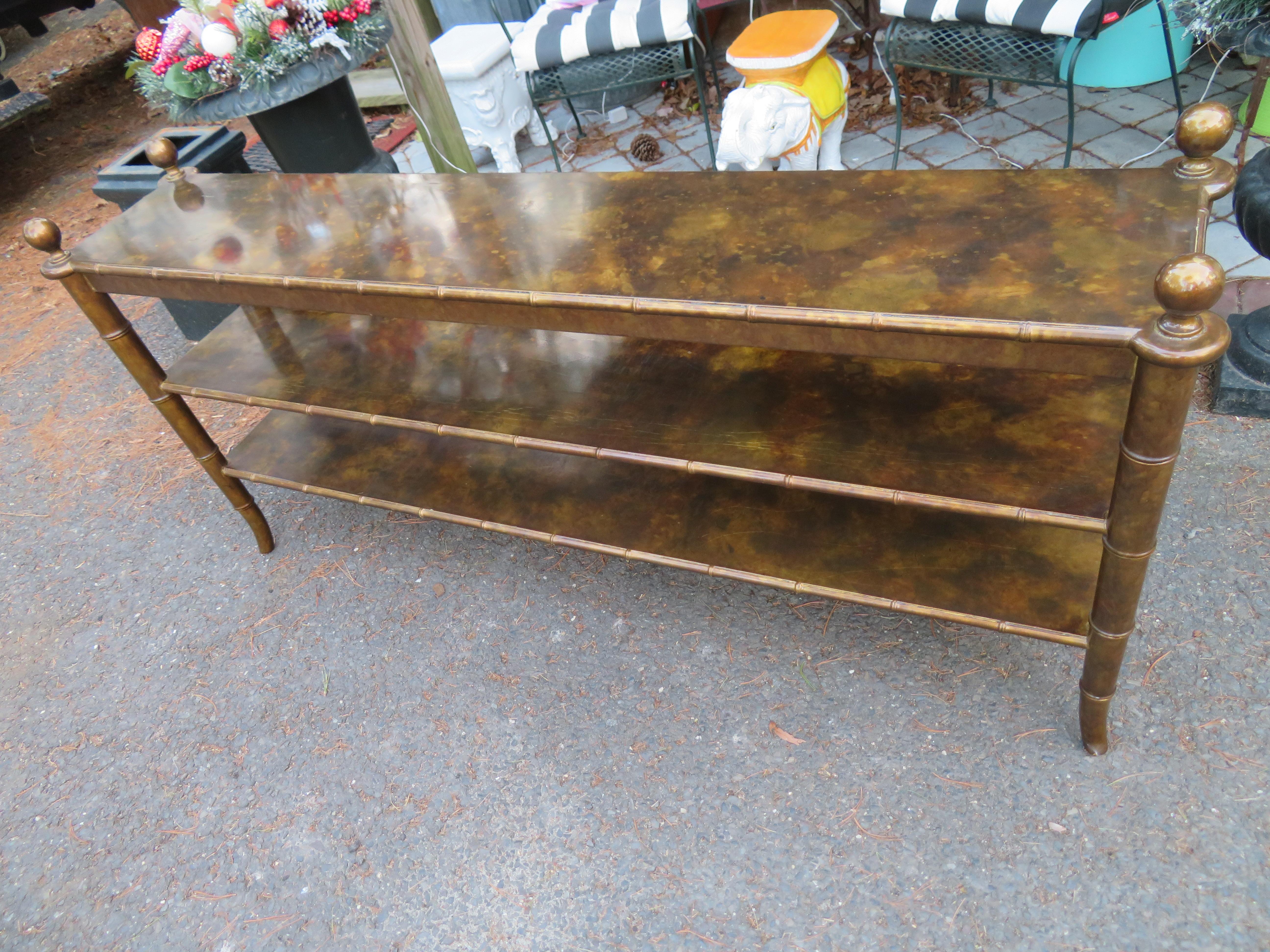 Spectacular Chinoiserie Faux Tortoise Shell 3 Tier Console Table Mid-Century 11
