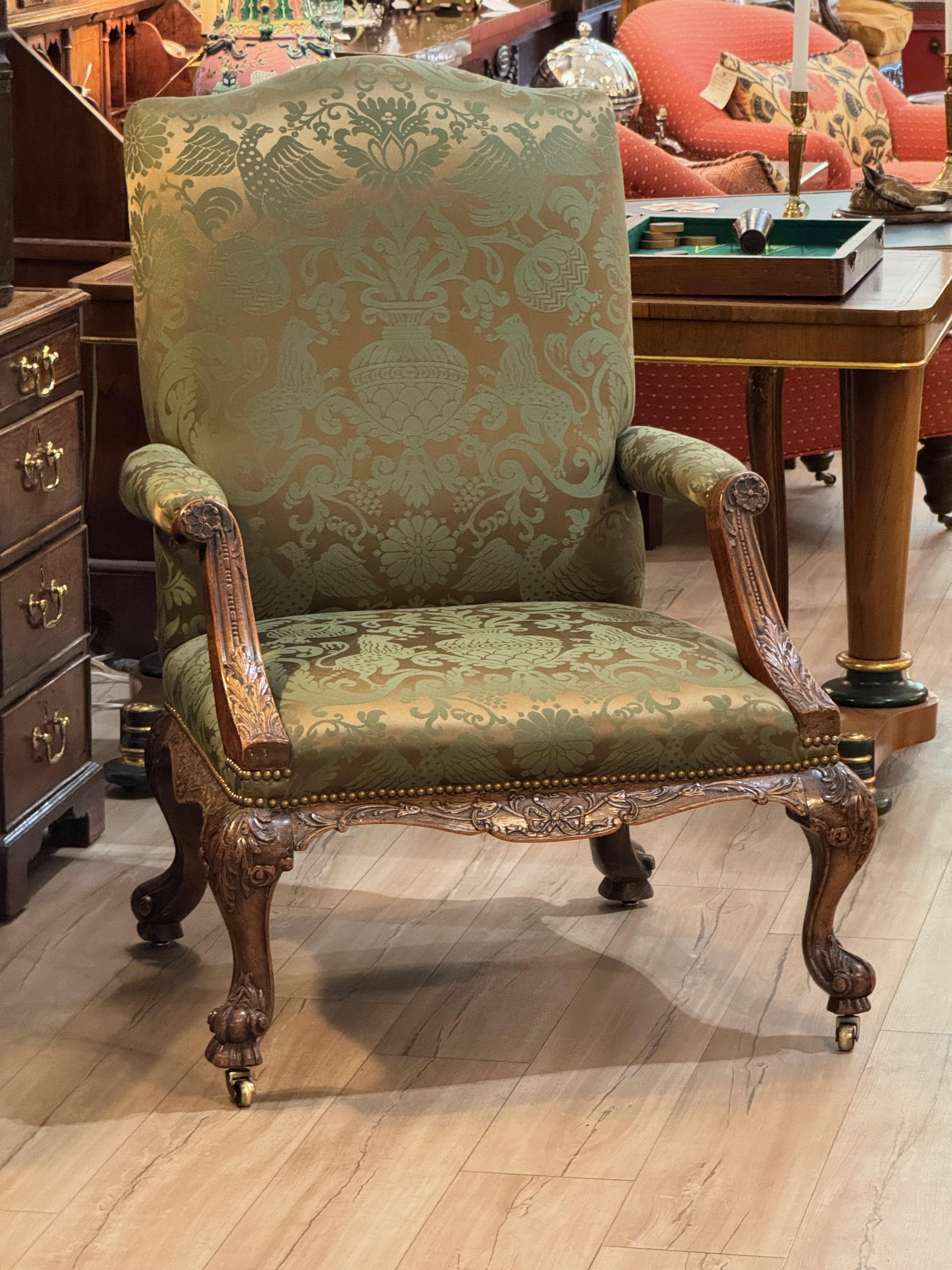 British Spectacular Circa 1750 English Carved Mahogany Library Chair For Sale