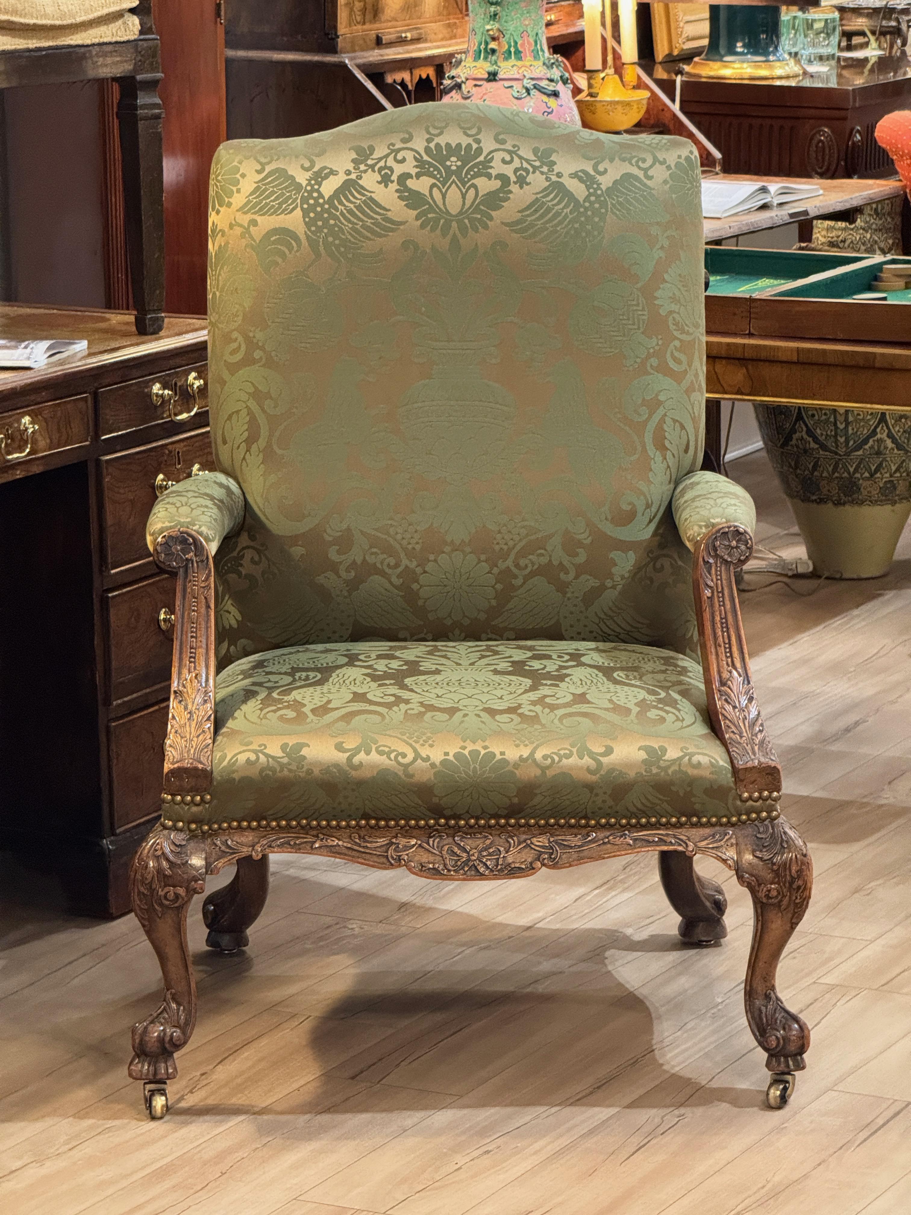 Spectacular Circa 1750 English Carved Mahogany Library Chair In Good Condition For Sale In Charlottesville, VA