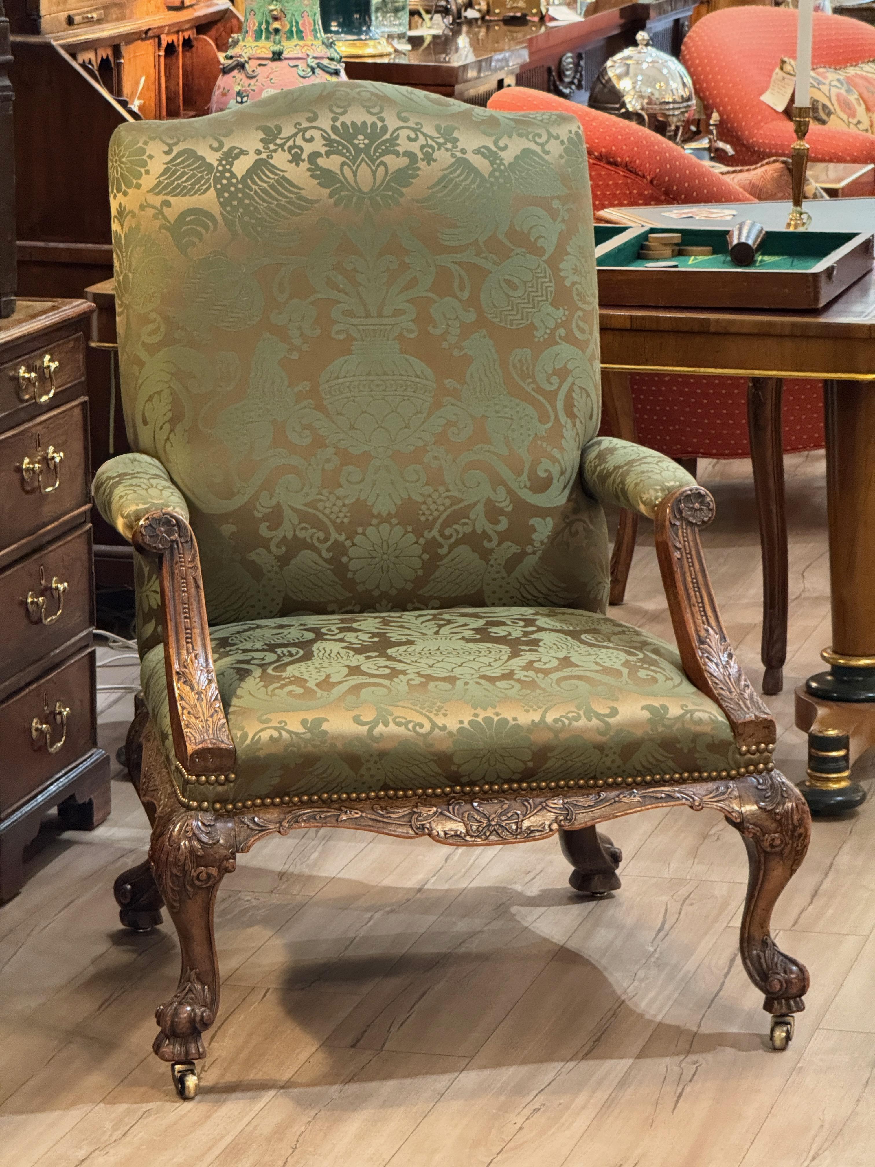 18th Century Spectacular Circa 1750 English Carved Mahogany Library Chair For Sale