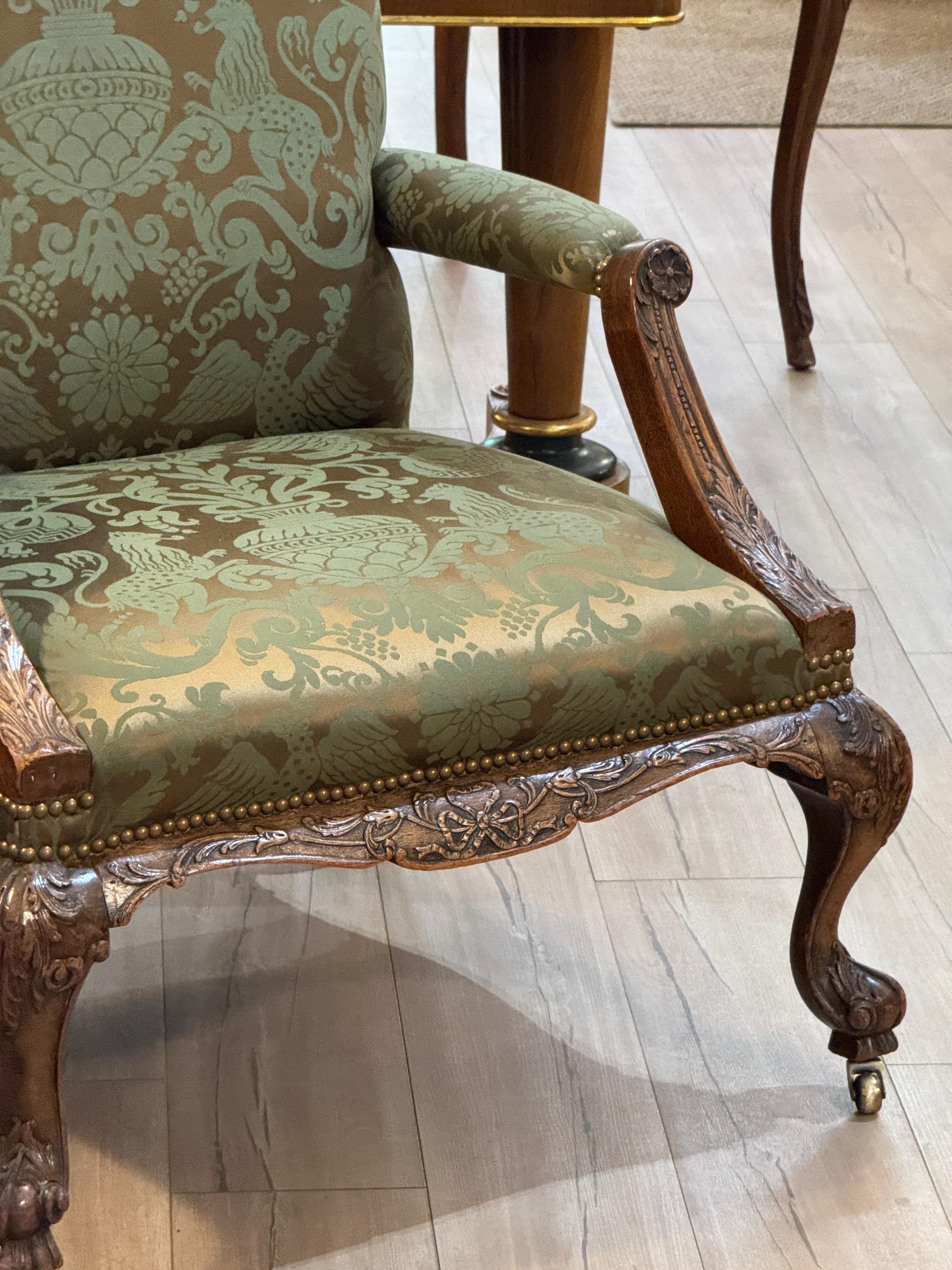 Upholstery Spectacular Circa 1750 English Carved Mahogany Library Chair For Sale