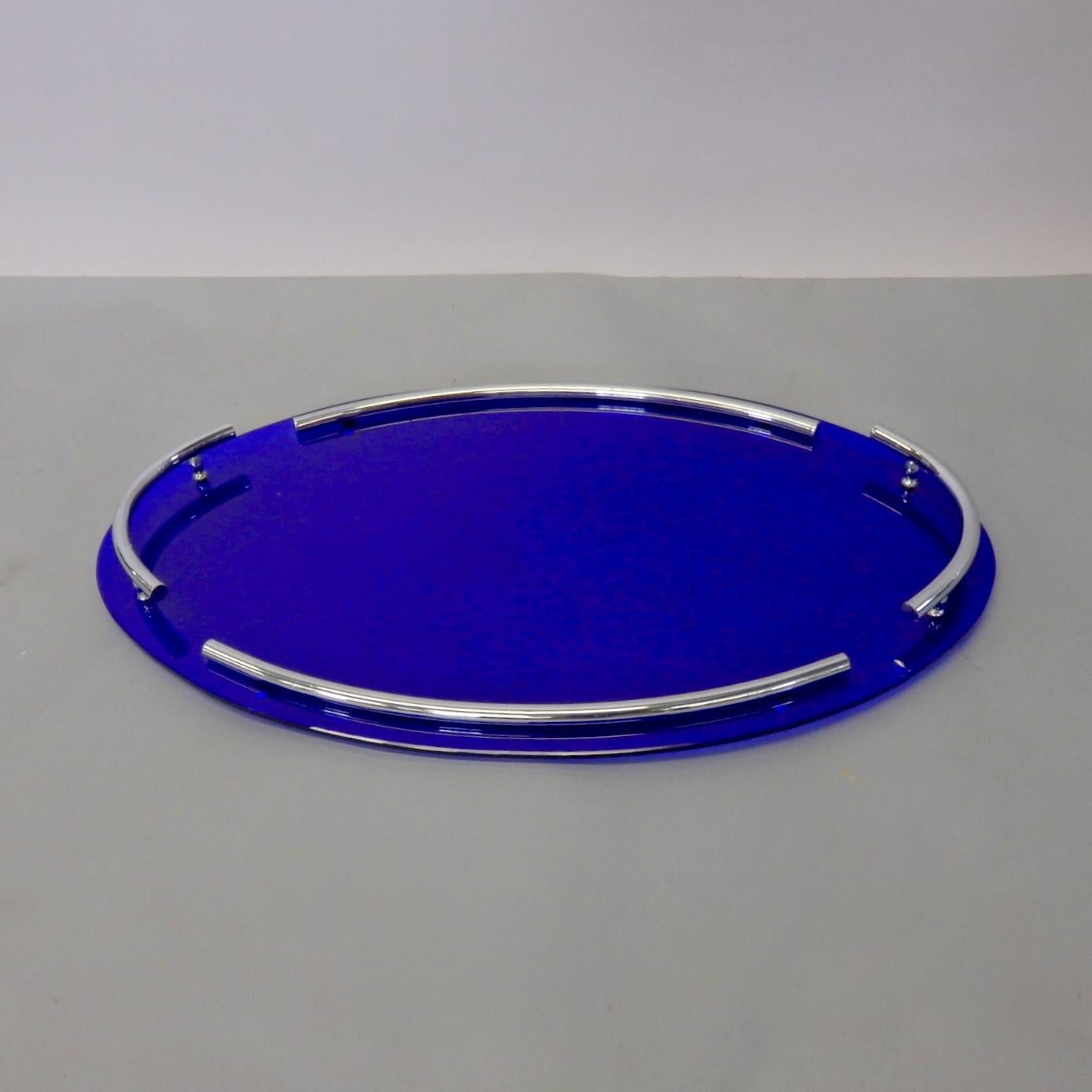 Spectacular Cobalt Blue Glass with Chrome Art Deco Oval Serving or Dresser Tray 2