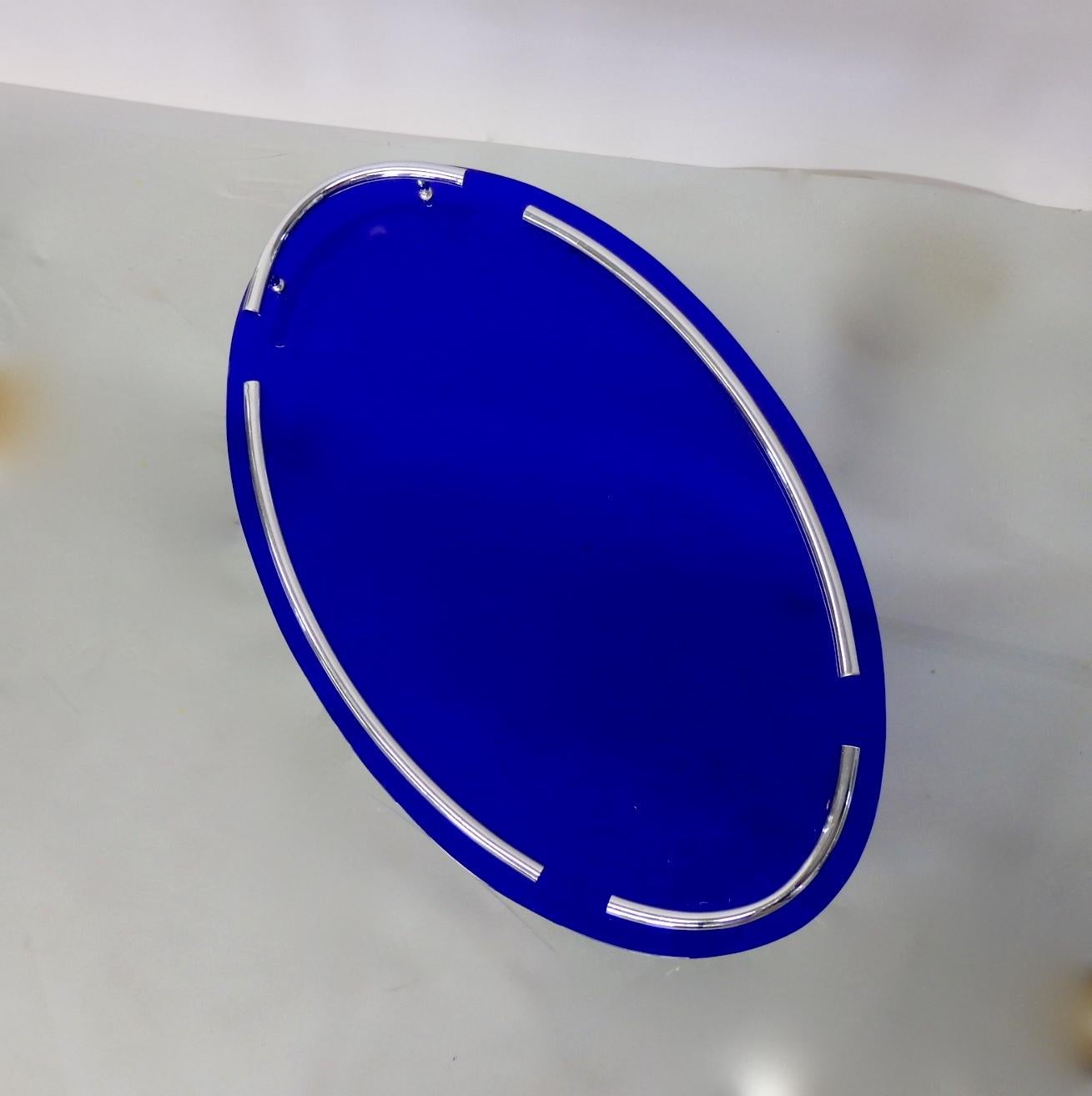 Deep cobalt blue tray with chrome border and chrome handles.