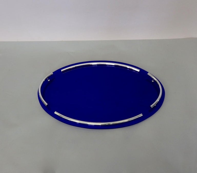 Spectacular Cobalt Blue Glass with Chrome Art Deco Oval Serving or
