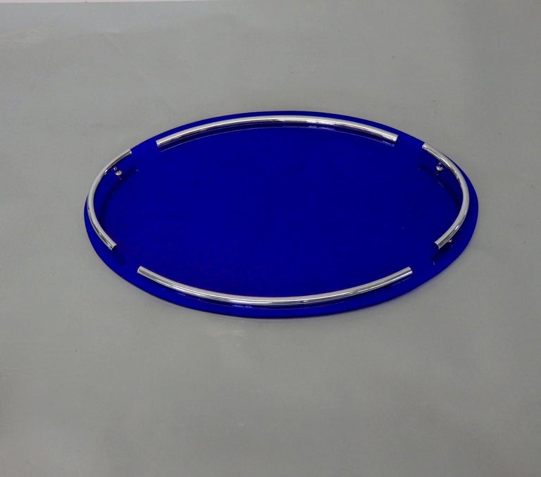 Spectacular Cobalt Blue Glass with Chrome Art Deco Oval Serving or