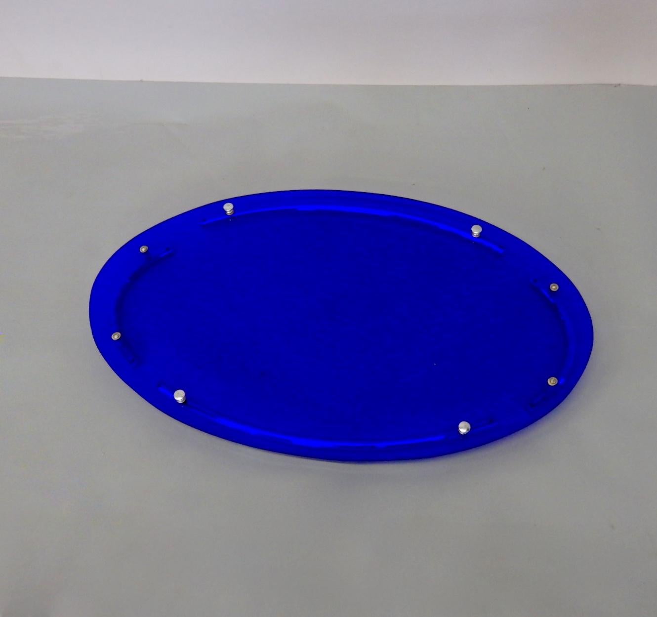 American Spectacular Cobalt Blue Glass with Chrome Art Deco Oval Serving or Dresser Tray