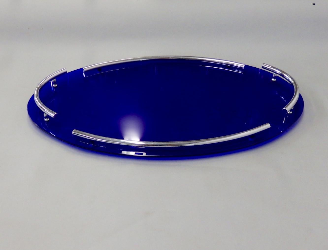 Spectacular Cobalt Blue Glass with Chrome Art Deco Oval Serving or Dresser Tray In Excellent Condition In Ferndale, MI