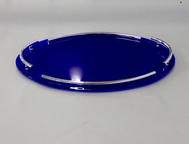 Spectacular Cobalt Blue Glass with Chrome Art Deco Oval Serving or