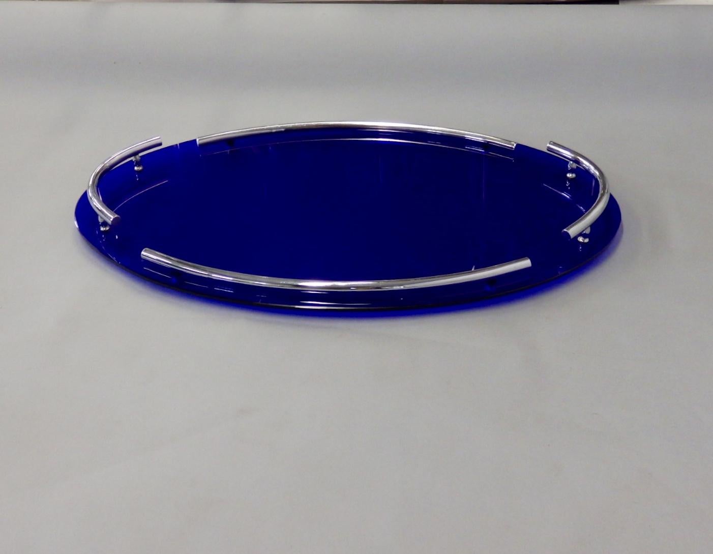 Mid-20th Century Spectacular Cobalt Blue Glass with Chrome Art Deco Oval Serving or Dresser Tray