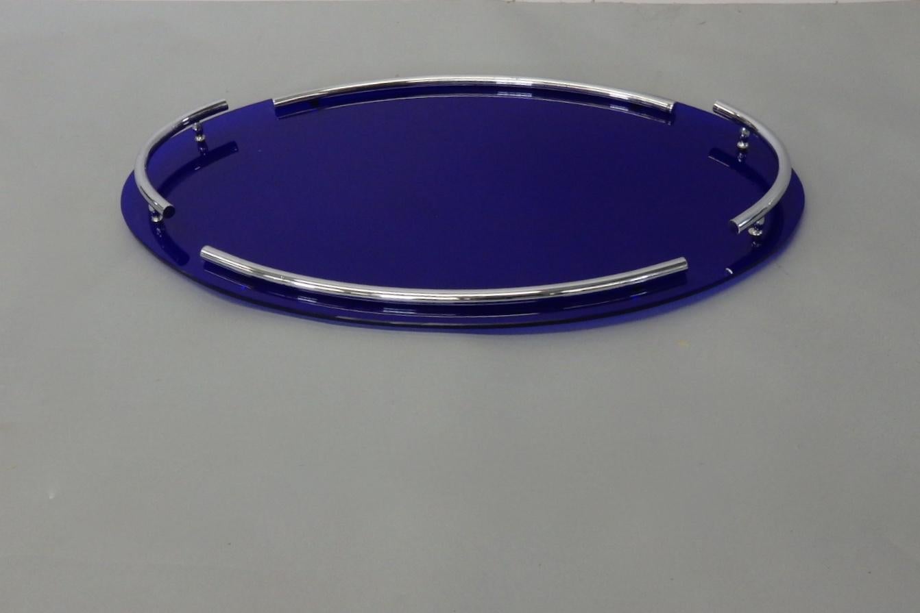 Spectacular Cobalt Blue Glass with Chrome Art Deco Oval Serving or Dresser Tray 1
