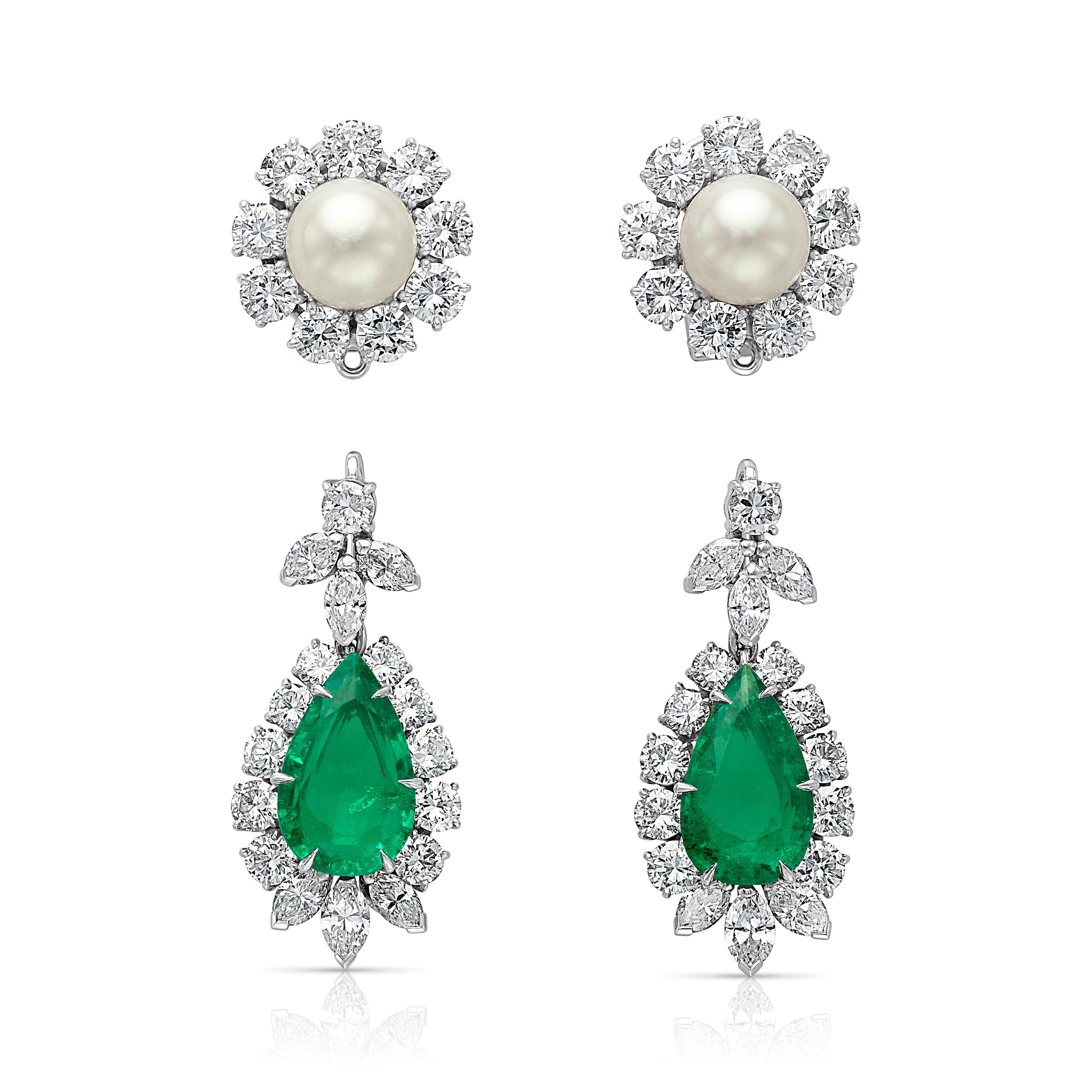 An exceptional pair of estate chandelier earrings featuring two vivid-green certified Colombian emeralds, glittering fine-white diamonds, and two luminous cultured pearls. Large pear-shape emeralds weigh 6.5 carats in total (approximately 3.5 and 3