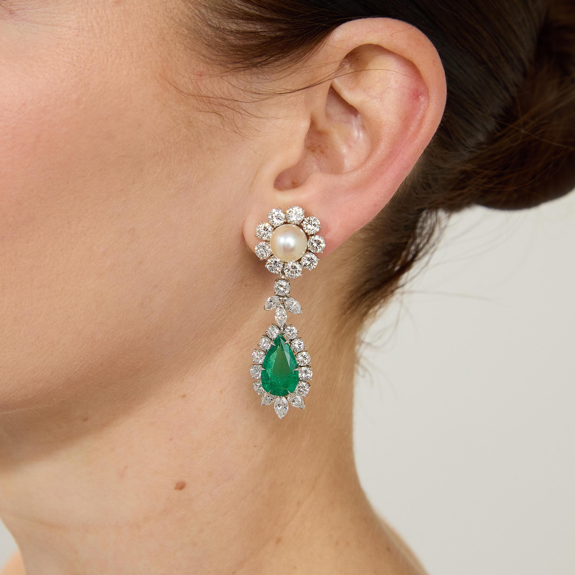 Mixed Cut Spectacular Colombian Vivid Green Emerald Diamond and Pearl Chandelier Earrings For Sale