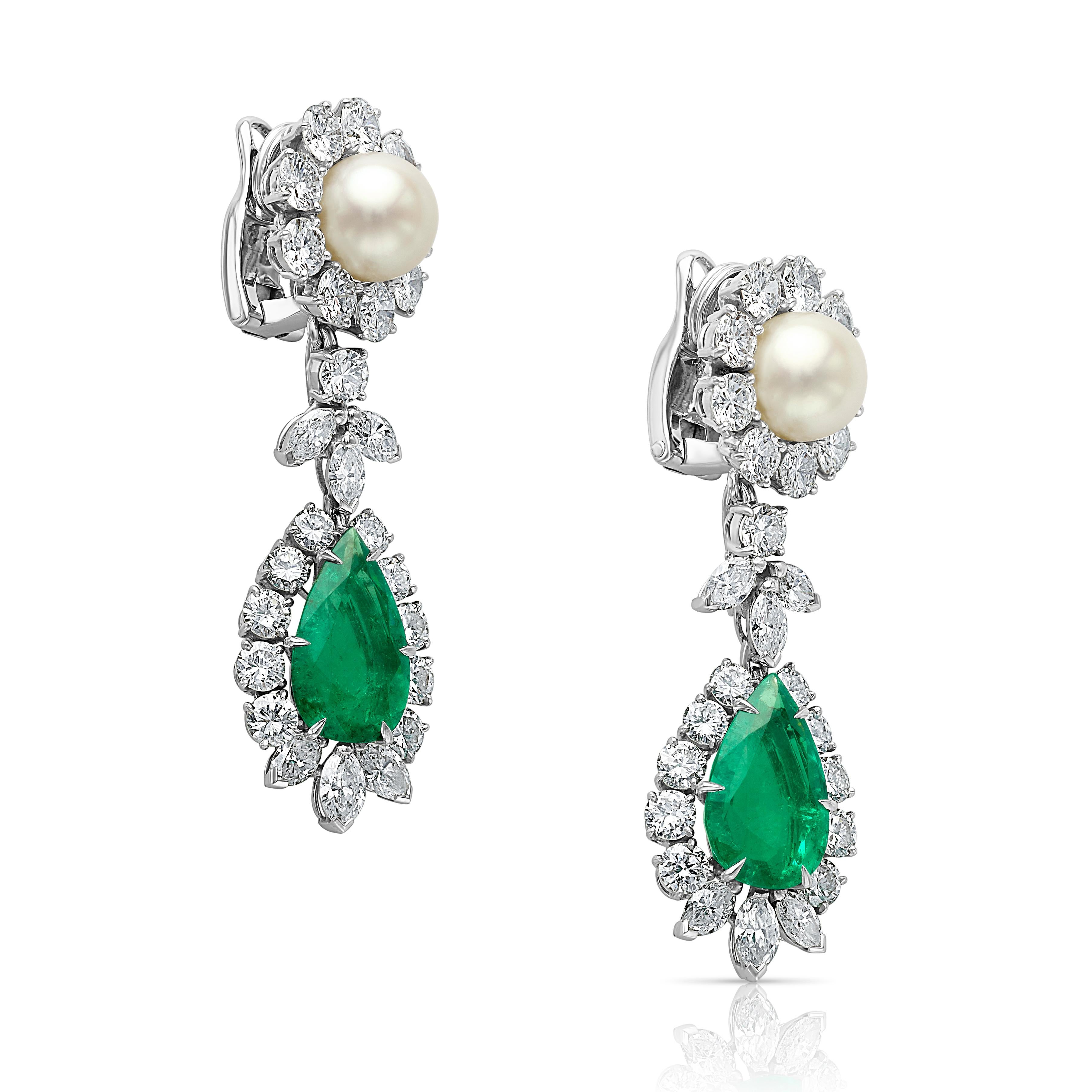 Spectacular Colombian Vivid Green Emerald Diamond and Pearl Chandelier Earrings For Sale 1