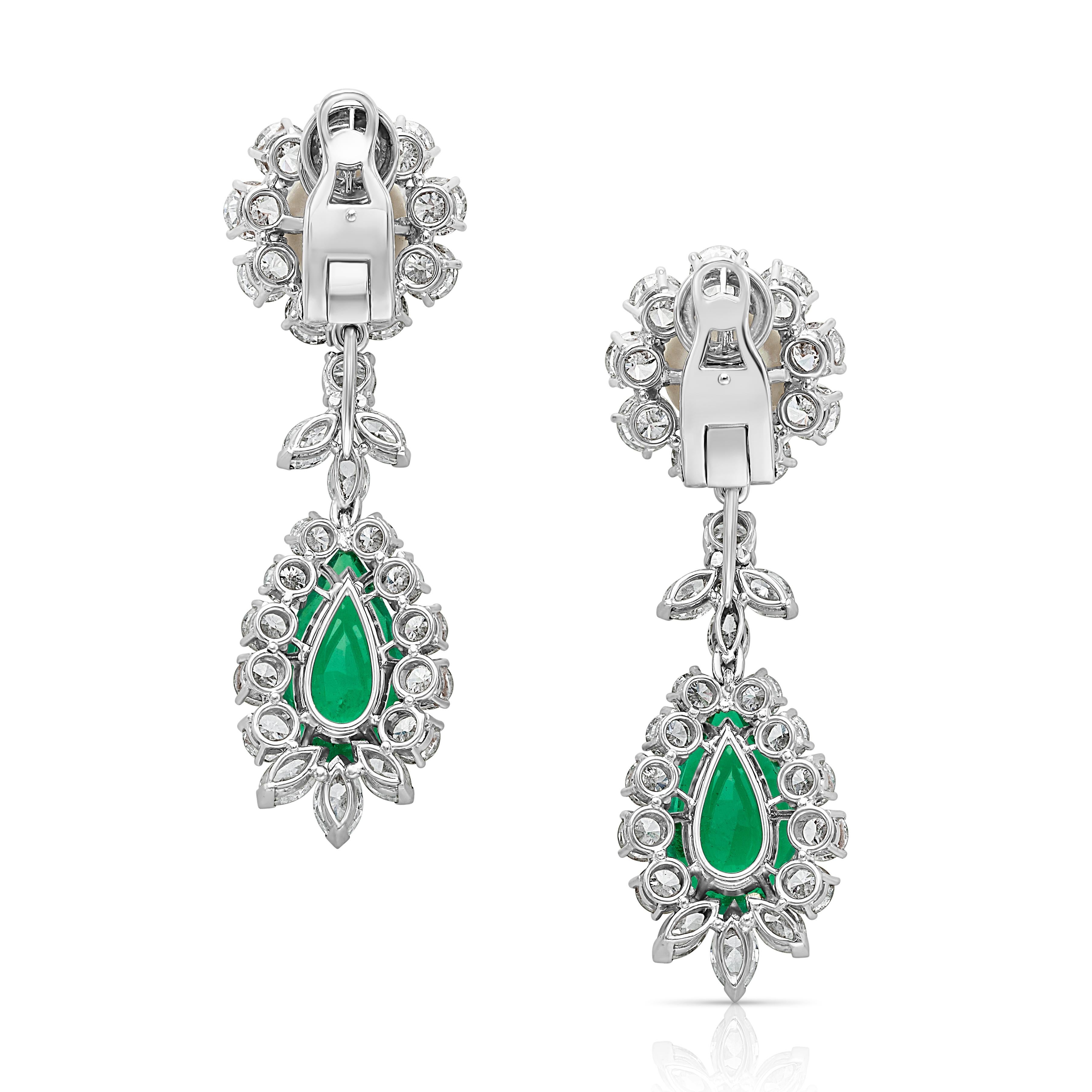 Spectacular Colombian Vivid Green Emerald Diamond and Pearl Chandelier Earrings For Sale 3