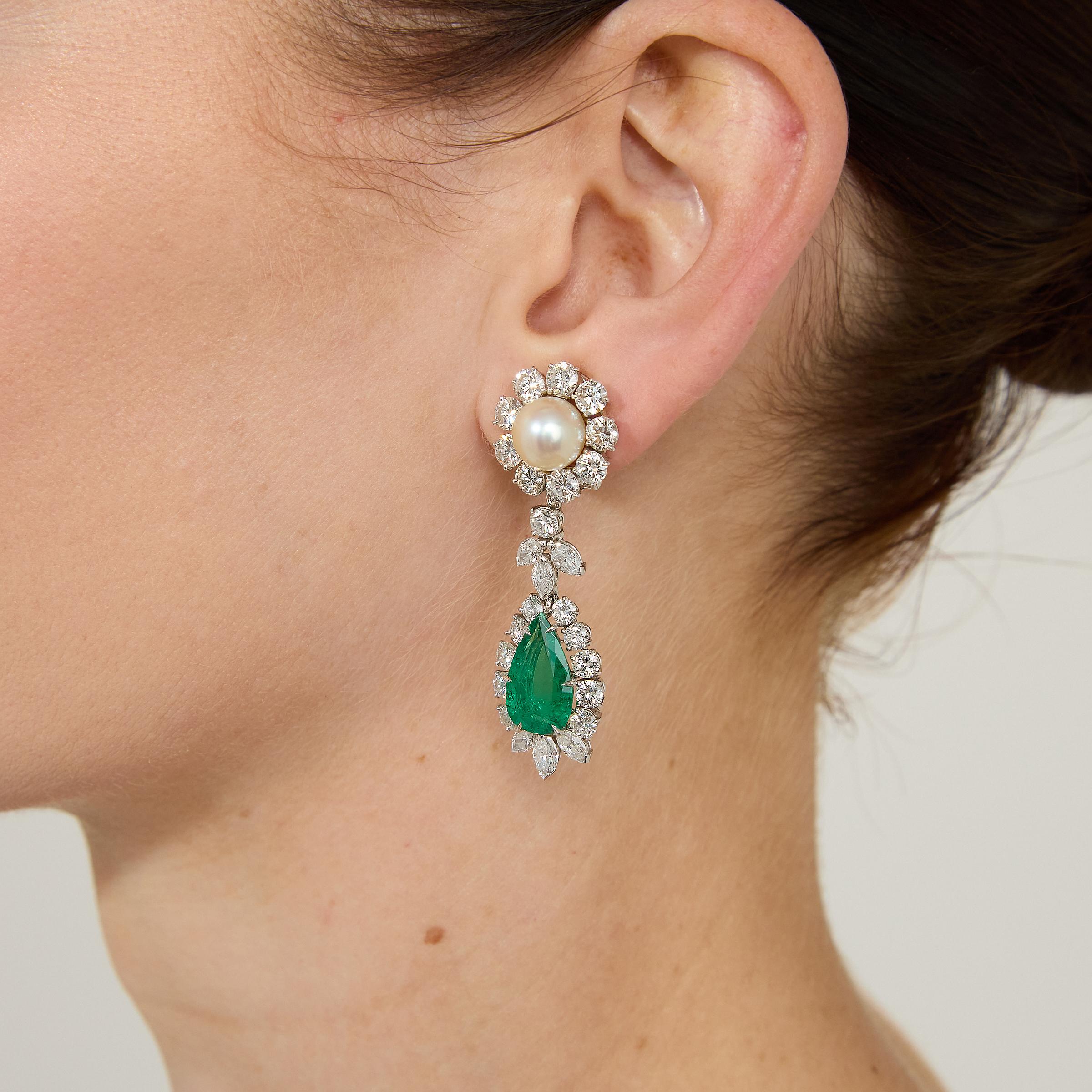Spectacular Colombian Vivid Green Emerald Diamond and Pearl Chandelier Earrings For Sale 4