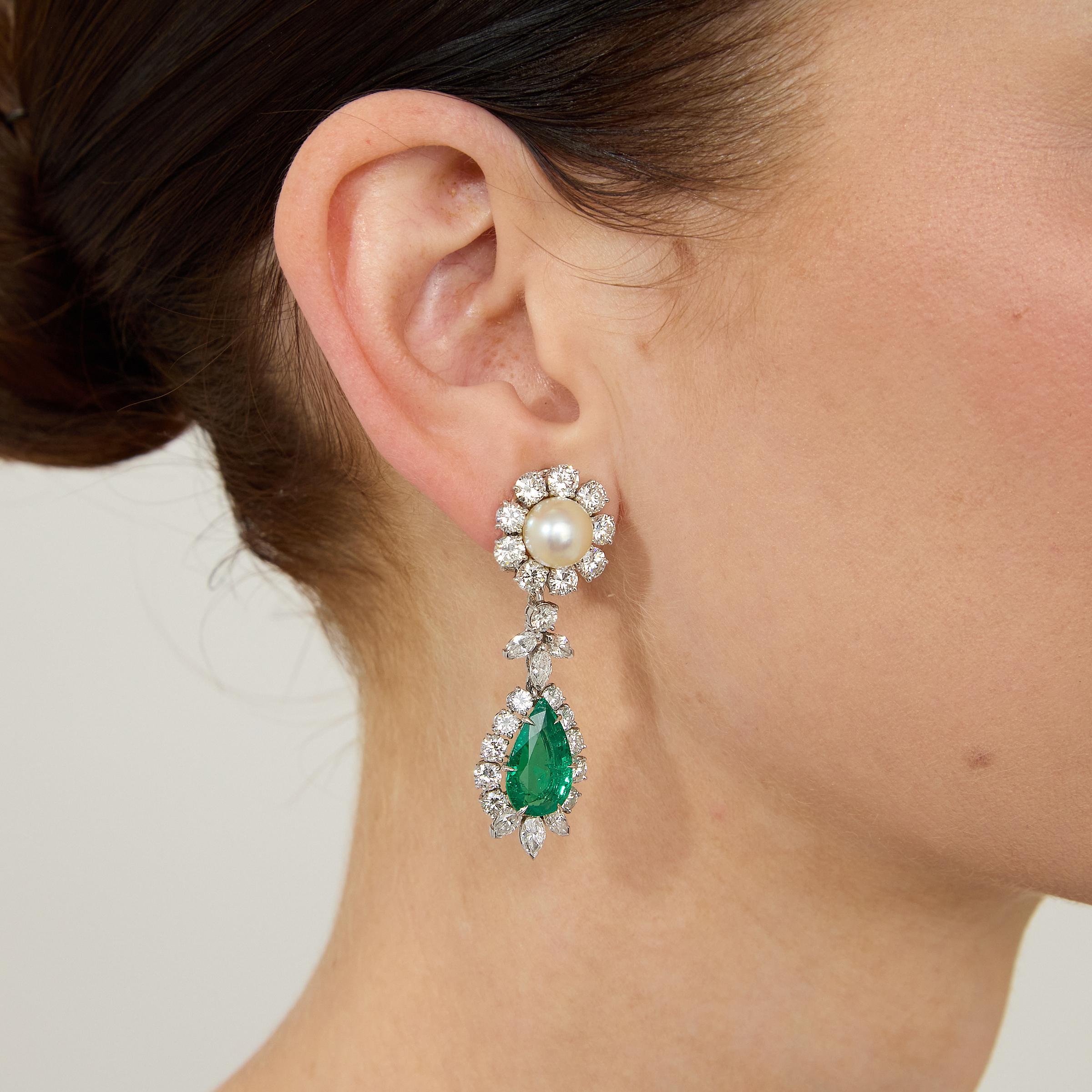 Spectacular Colombian Vivid Green Emerald Diamond and Pearl Chandelier Earrings For Sale 5