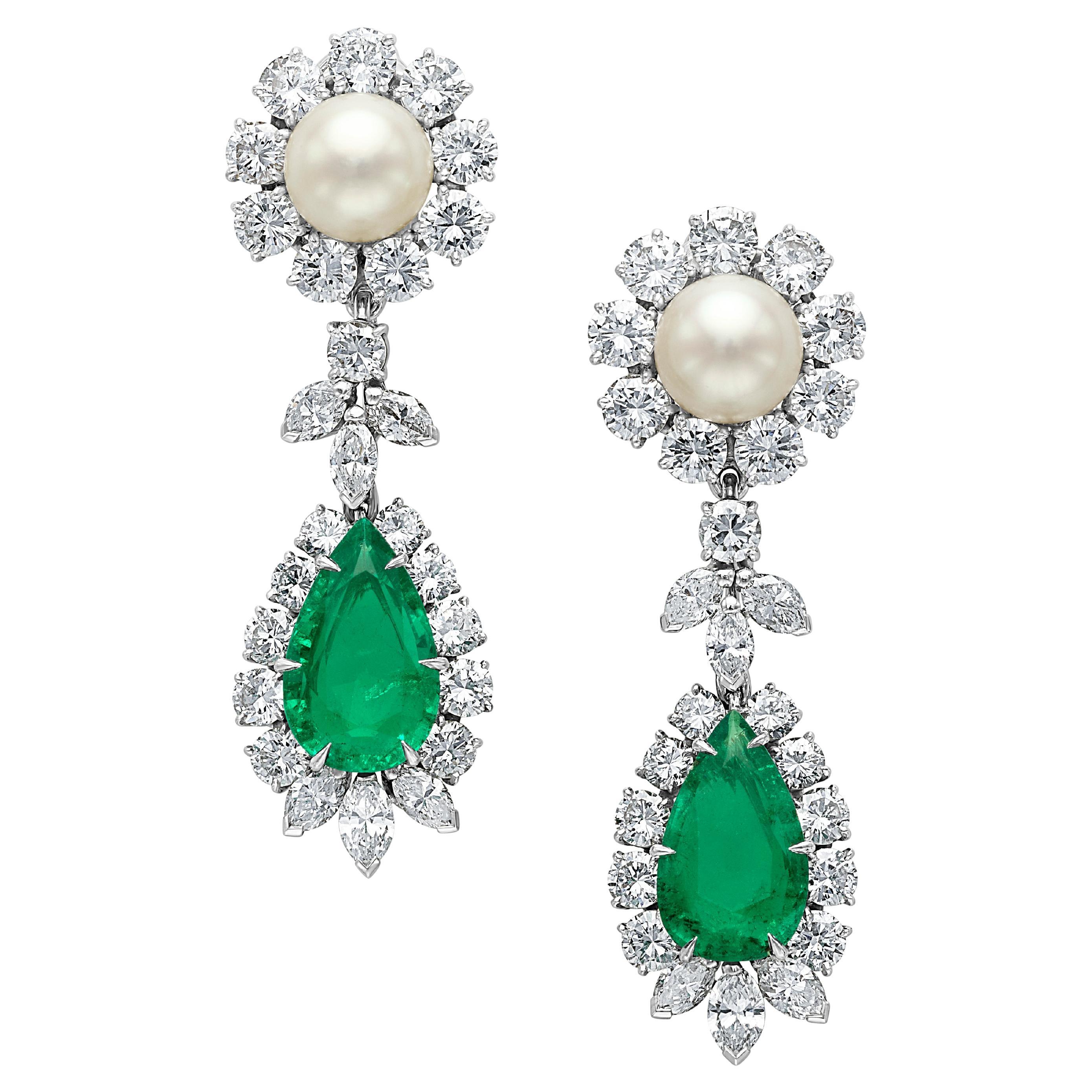 Spectacular Colombian Vivid Green Emerald Diamond and Pearl Chandelier Earrings