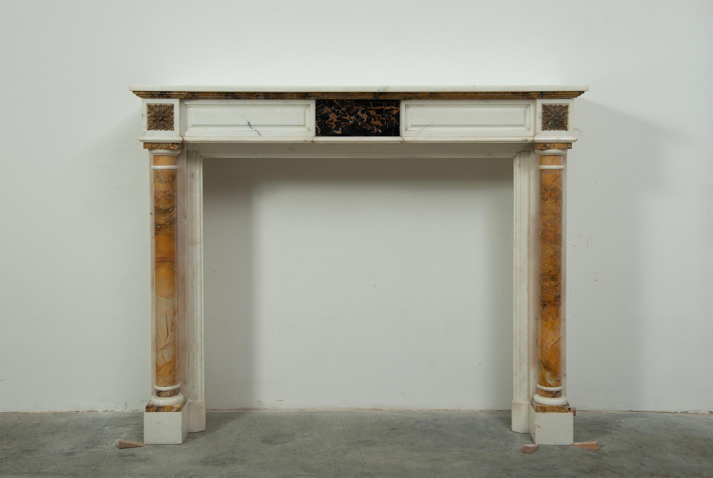 Une spectaculaire cheminée à colonnes à la française.

Cette cheminée française de style Louis XVI date du milieu du XIXe siècle.

Son magnifique plateau en marbre Statuaire est soutenu par un charmant sous plateau profilé en marbre de Sienne, qui