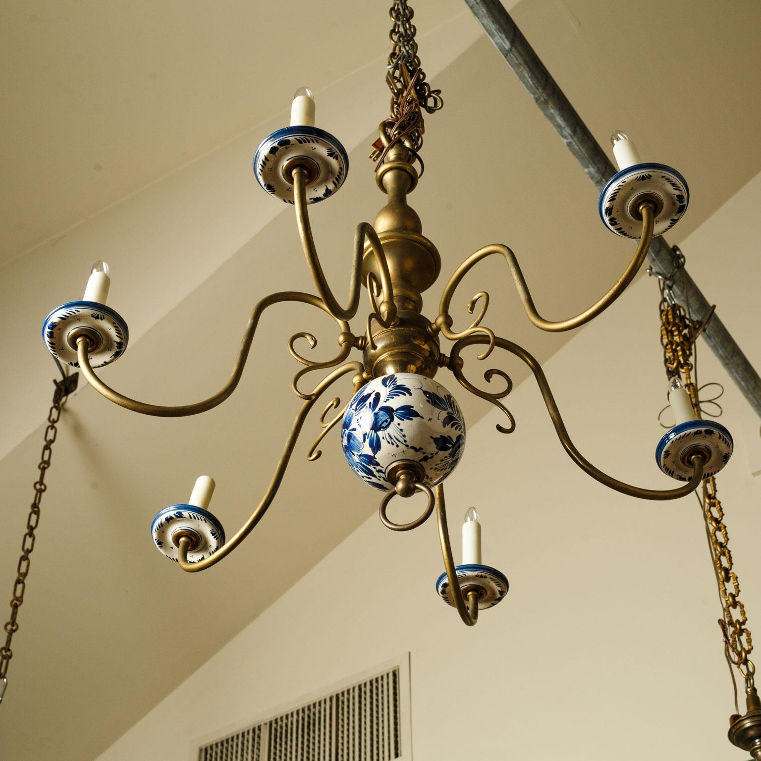 Dutch Spectacular Delft and Bronze Chandelier For Sale