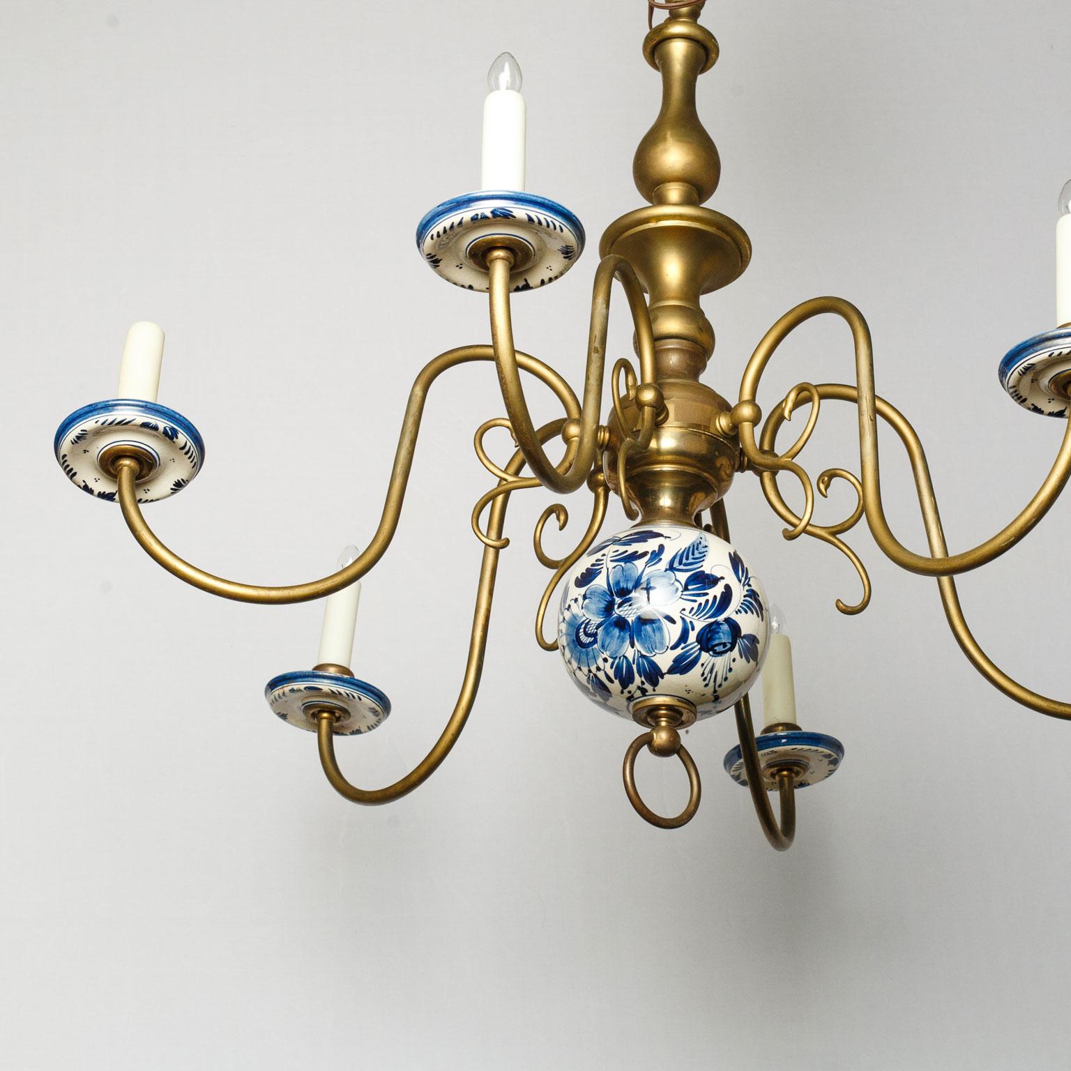 Cast Spectacular Delft and Bronze Chandelier For Sale