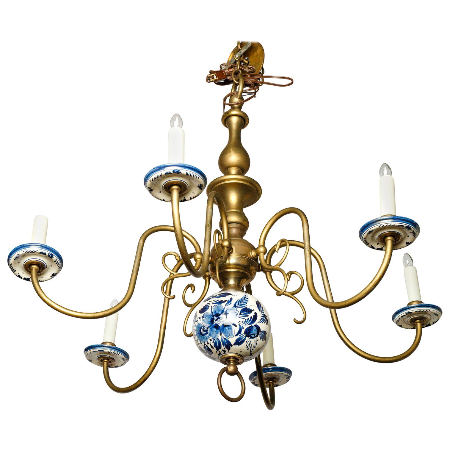 Spectacular Delft and Bronze Chandelier