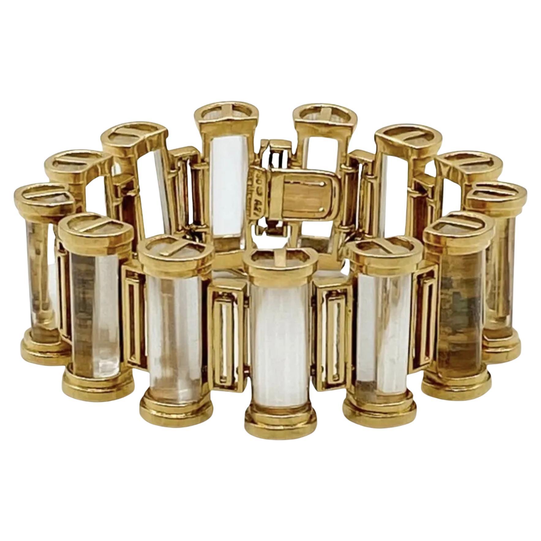 Spectacular Designer Lalaounis 18k Gold Bracelet With 13 Clear Quartz Columns For Sale