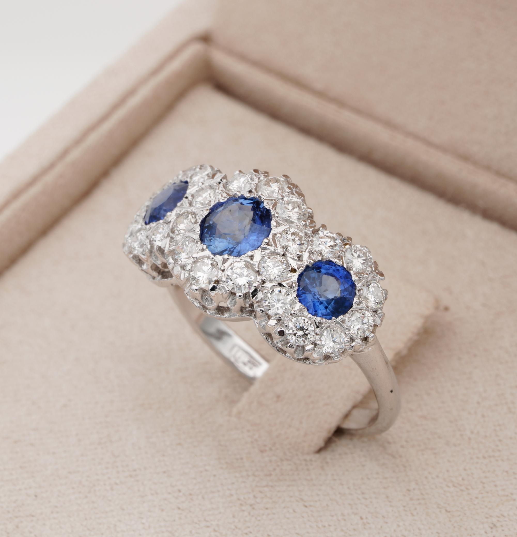 Retro Spectacular Diamond and Natural Blue Sapphire Vintage Trilogy Ring For Sale