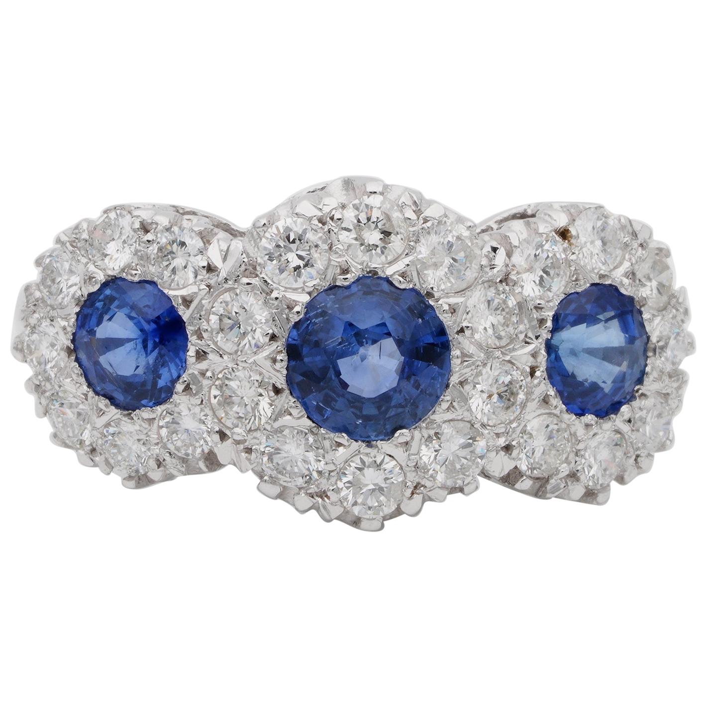 Spectacular Diamond and Natural Blue Sapphire Vintage Trilogy Ring For Sale